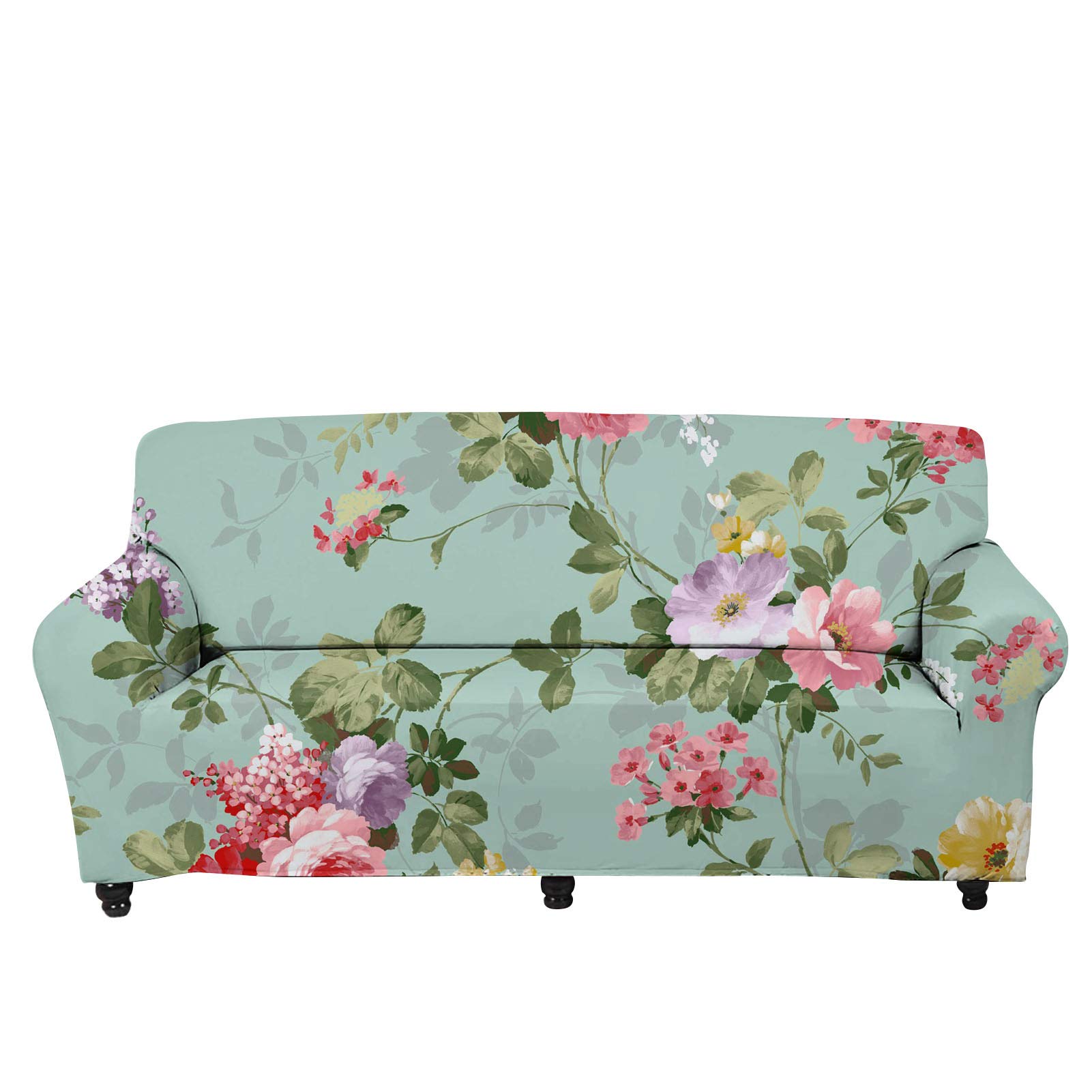INSTANTARTS Stretch Slipcover Fitted Furniture Protector - Spring Flowers Printed Sofa Cover with Anti-Skid Foam & Elastic Bottom for 4-Seater Couch (Green) | Perfect for Living Room, Family Room & Home Decor Protection