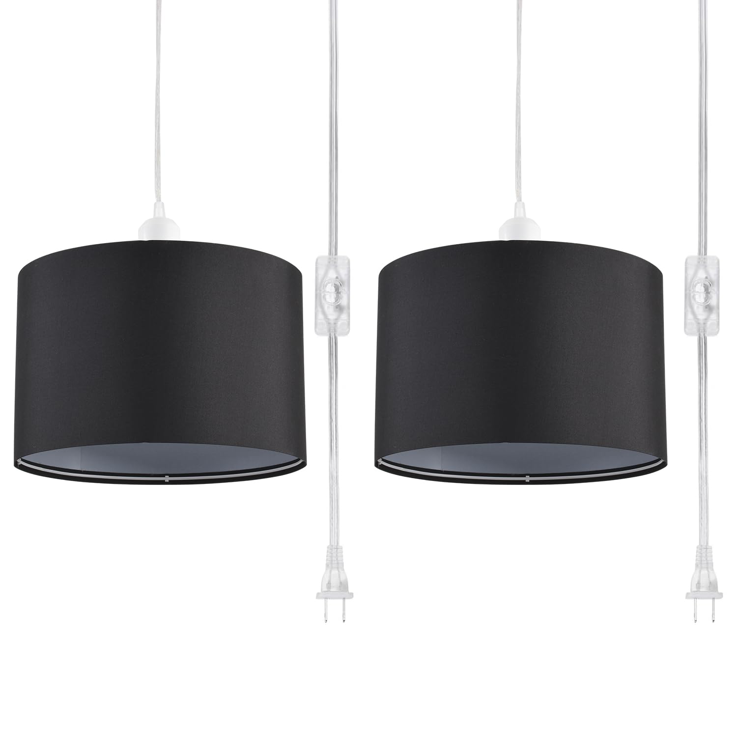 2 Pack Plug in Pendant Light with 15Ft Clear Cord & On/Off Switch - Black Fabric Lamp Shade Hanging Light Fixture for Bedroom, Kitchen, Dining Table & Living Room - Perfect for Modern Home Decor, Farmhouse Style & Apartment Lighting