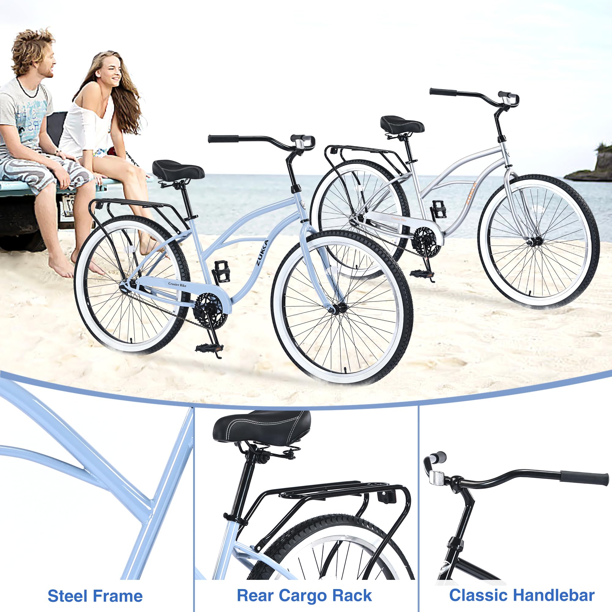 26 Inch 7-Speed Adult Beach Cruiser Bike for Men - Hybrid Bicycle with Stable Ride for Riders 5' to 7' - Perfect for Coastal Rides, Commuting & Leisure Cycling (Black)