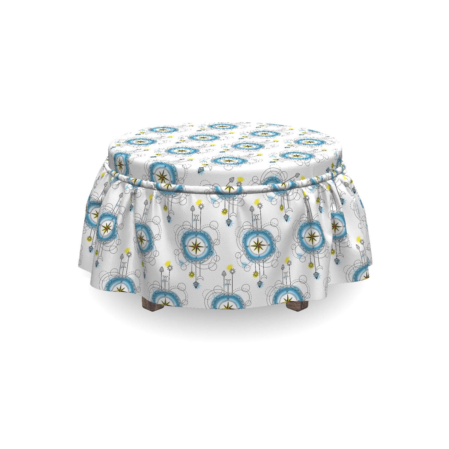 Ambesonne Tattoo Ottoman Cover Set - 2 Piece Aquarelle Compass Travel Design Slipcover with Ruffle Skirt for Square/Round Cube Footstool | Standard Size Blue Black Yellow | Home Decor Accent for Living Room, Bedroom & Office