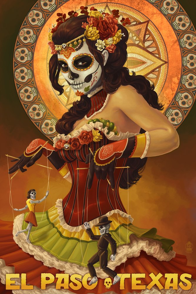 Day of the Dead Marionettes Art Print - 24x36 Signed Wall Decor Poster | Mexican Folk Art, El Paso Texas | Perfect for Dia de los Muertos Celebrations & Southwestern Home Decor