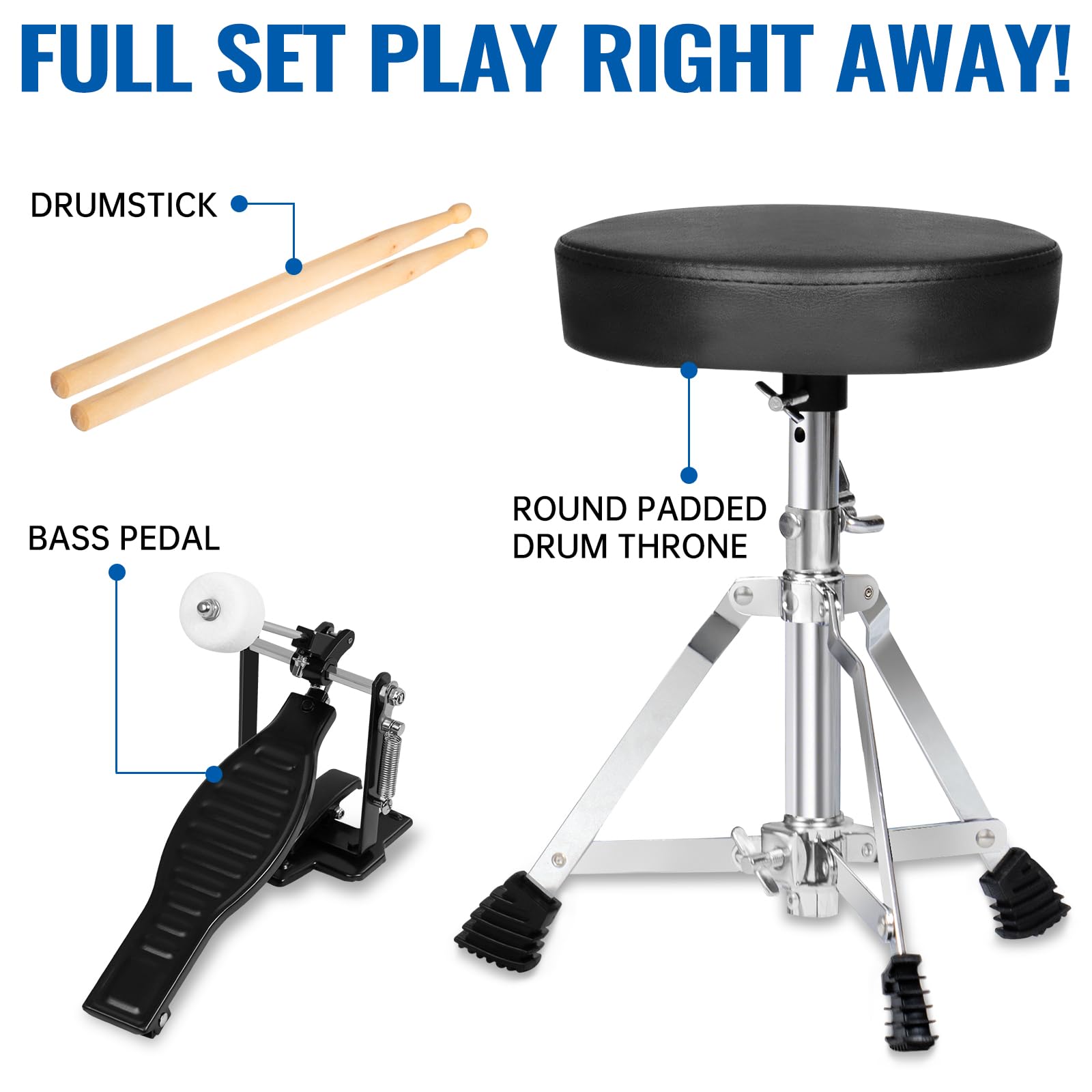 MOSEN 3-Piece Kids Drum Set with Adjustable Throne, Cymbal, Pedal & Drumsticks - Beginner Junior Drum Kit with Bass, Tom & Snare Drum (Red) - Perfect for Home Practice, Music Lessons & Birthday Gifts for Toddlers & Young Children