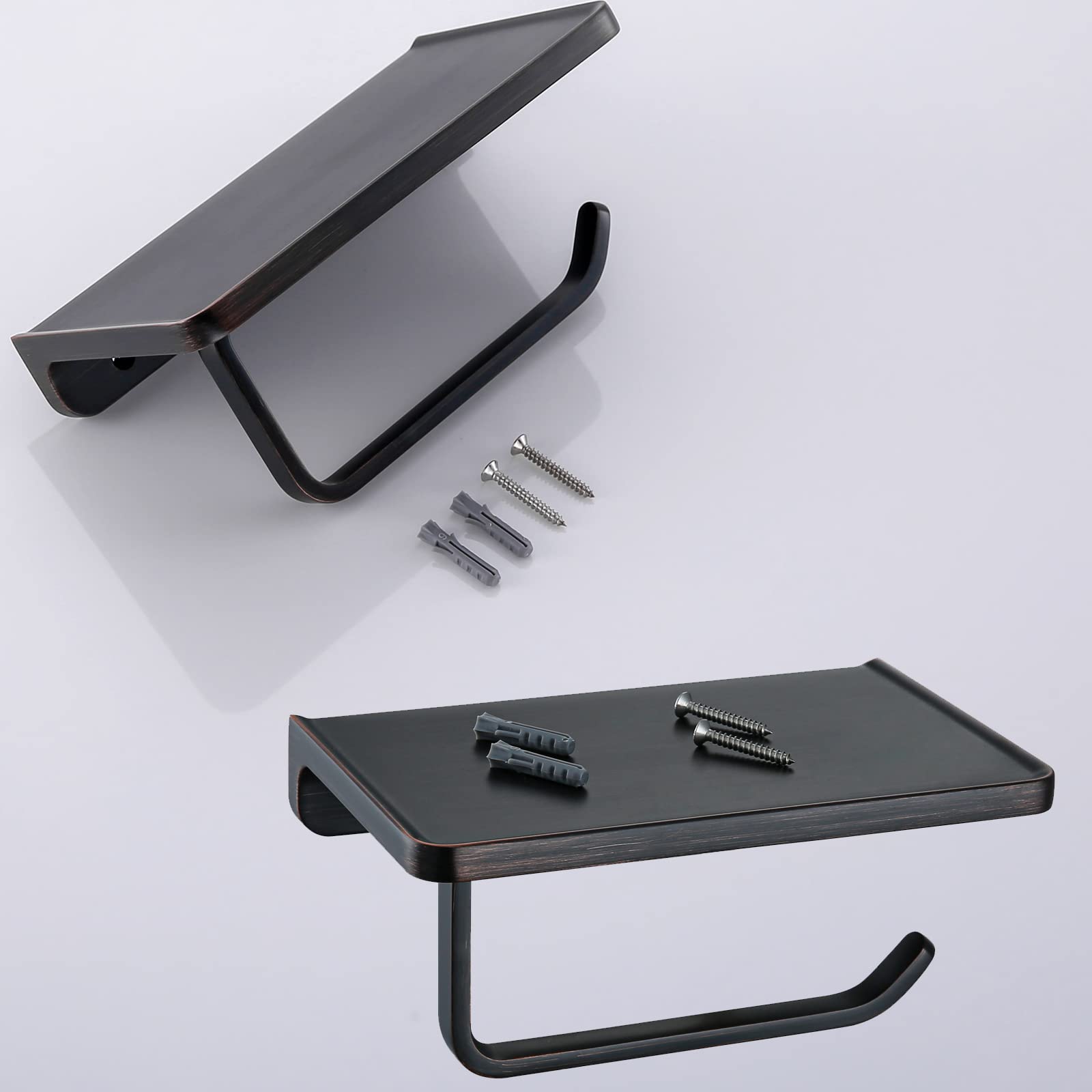Oil Rubbed Bronze Toilet Paper Holder with Phone Shelf - Wall Mounted Bathroom Tissue Roll Holder - Solid Metal Design for Toilet Paper & Smartphone Storage - Perfect for Small Bathrooms & Powder Rooms - RD93008-ORB