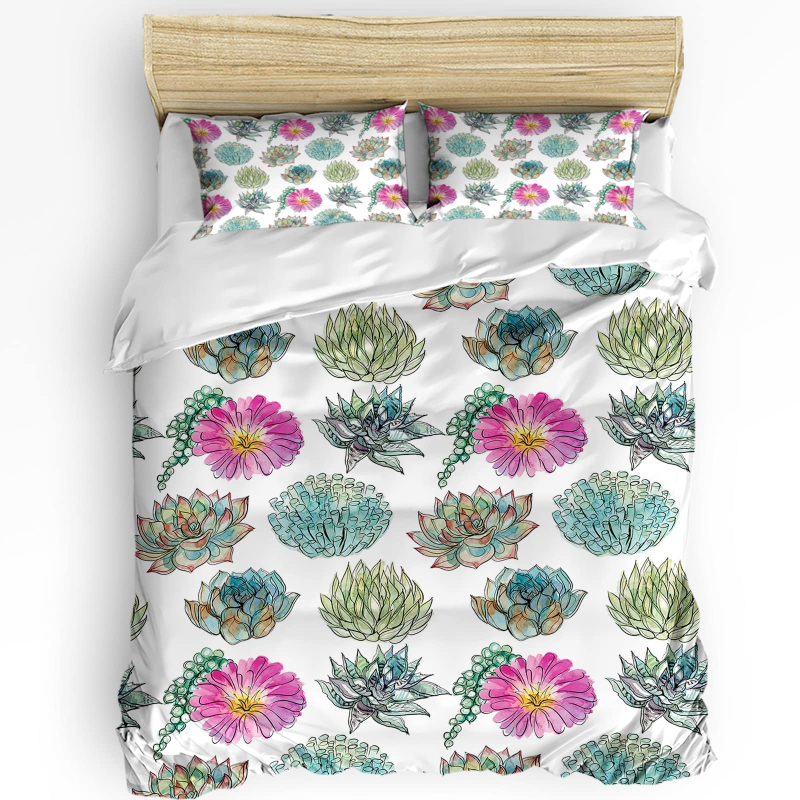 HELLOWINK 3-Piece King Size Duvet Cover Set - Succulent Plants Print, Soft Lightweight Comforter Cover with 2 Pillow Shams in Green | Perfect for Bedroom Decor, Guest Room & Cozy Home Styling