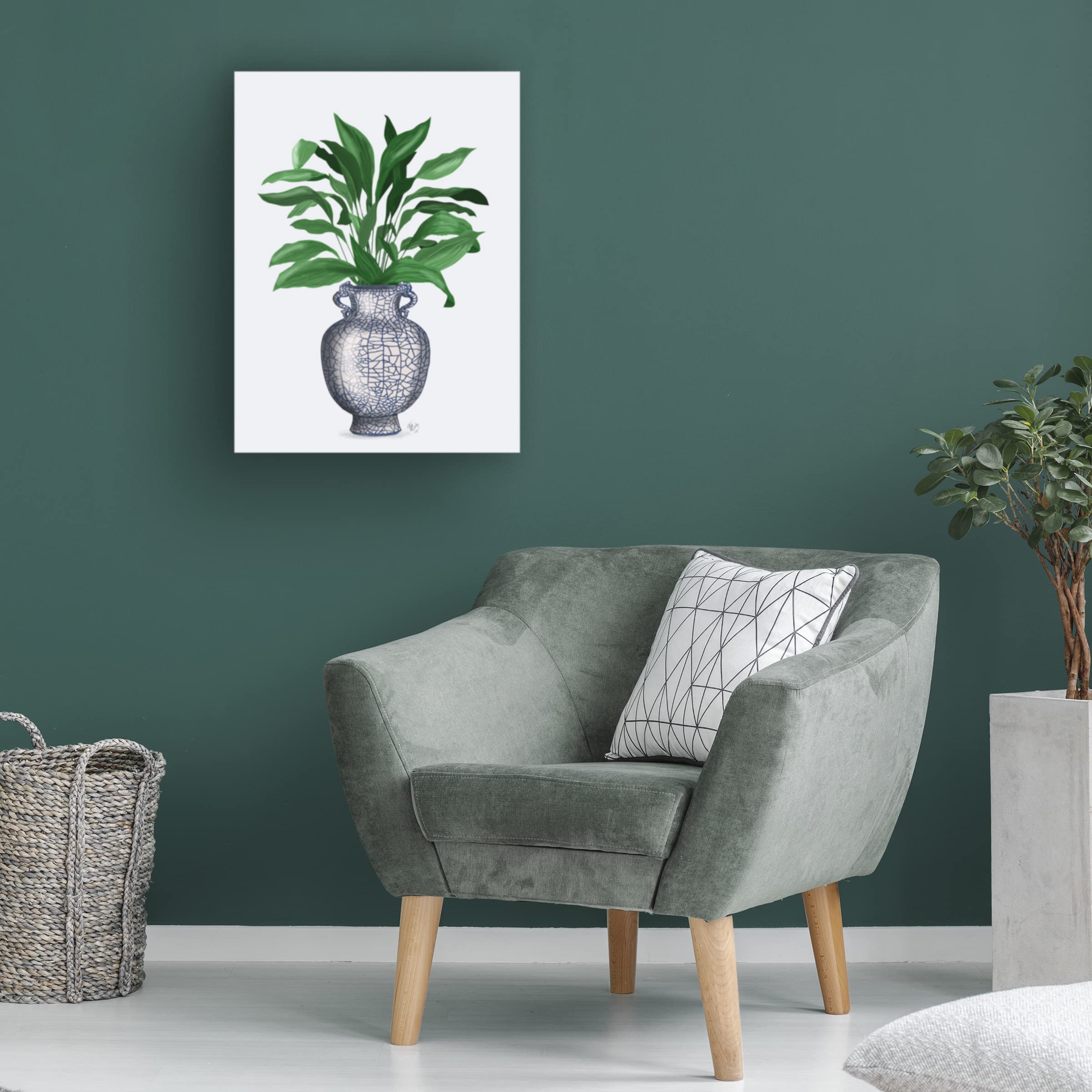 Fab Funky Chinoiserie Vase 2 With Plant Canvas Wall Art - Handmade Asian Inspired Floral Decor for Living Room, Bedroom & Office