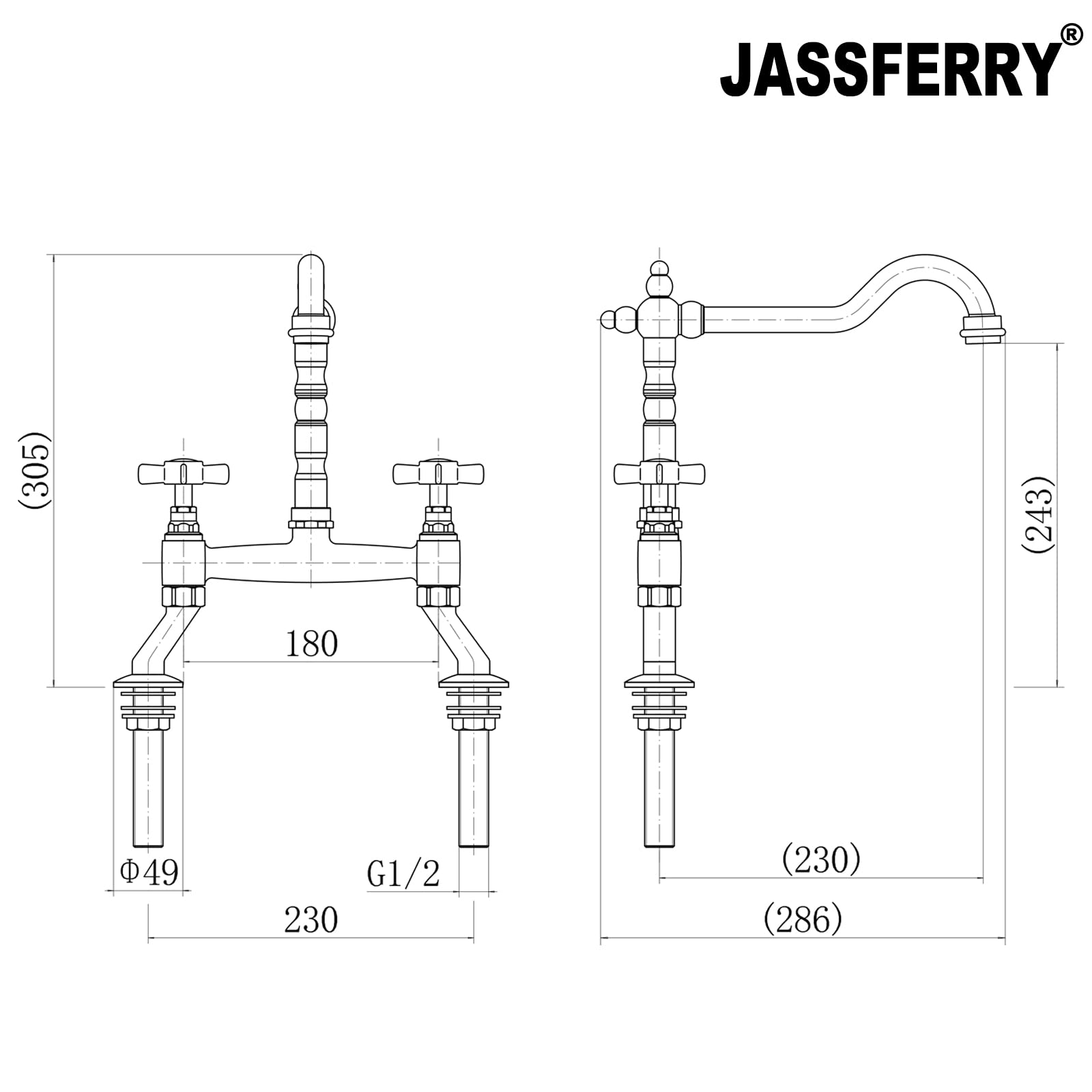 JASSFERRY Classic Deck Mixer Chrome Cross Handles Deck Mounted Monobloc Traditional 2-Hole Kitchen Sink Faucet with Swivel Spout - Perfect for Modern Farmhouse, RV & Apartment Kitchen Renovations