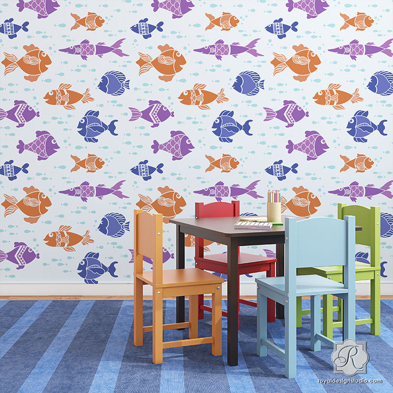 Fish Tales Wall Stencil - Reusable DIY Home Decoration Template for Nursery, Bathroom & Coastal Decor | Perfect for Painting, Stenciling & Wall Art Projects