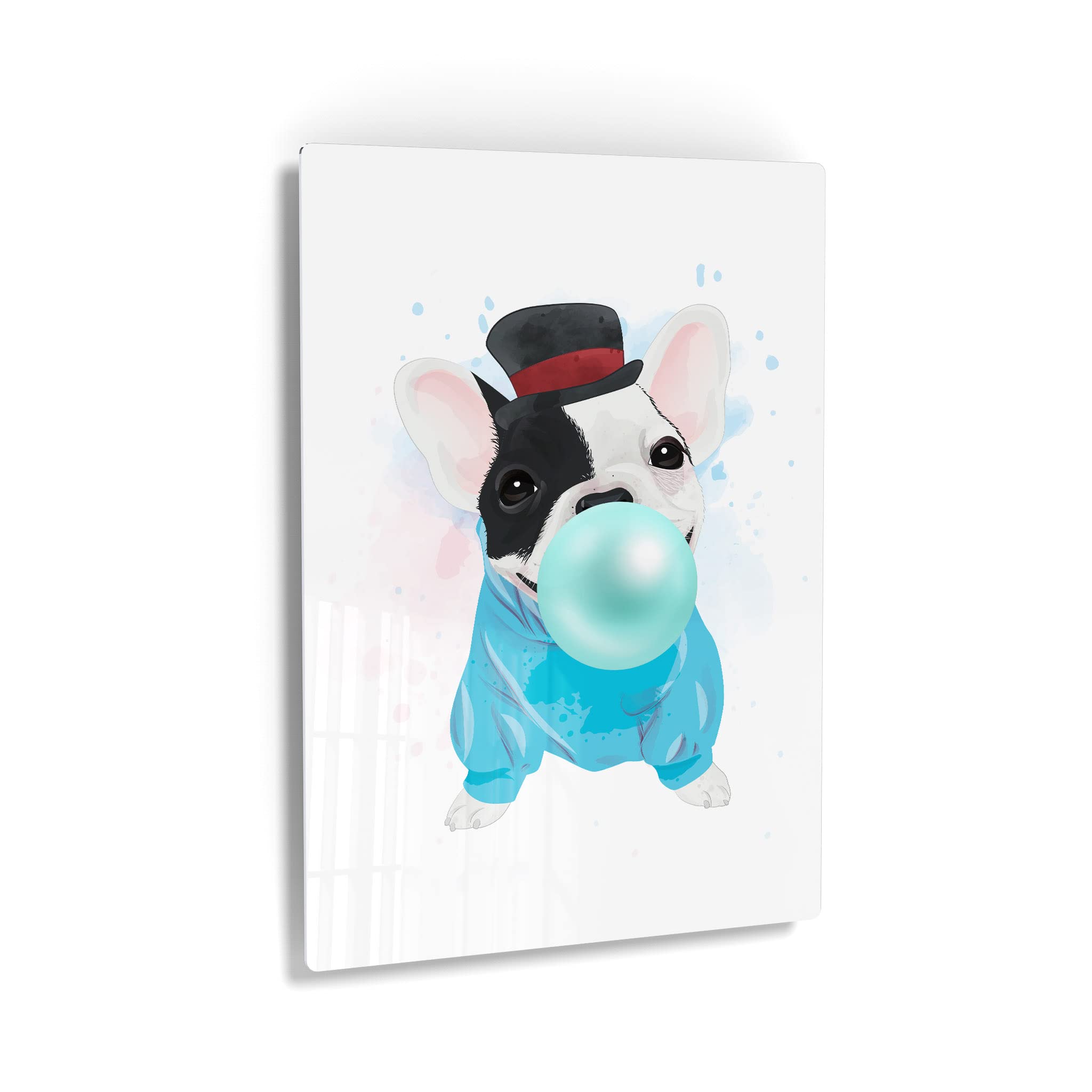 French Bulldog Portrait Sweatshirt & Hat Chewing Teal Blue Bubble Gum - Pet Lover Gift, Metal Wall Art Print for Dog Owners - Animal Themed Living Room, Bedroom, Nursery Decor (12x8) - Perfect for Home Decor, Pet Lover Presents, and Kids Room Wall Art