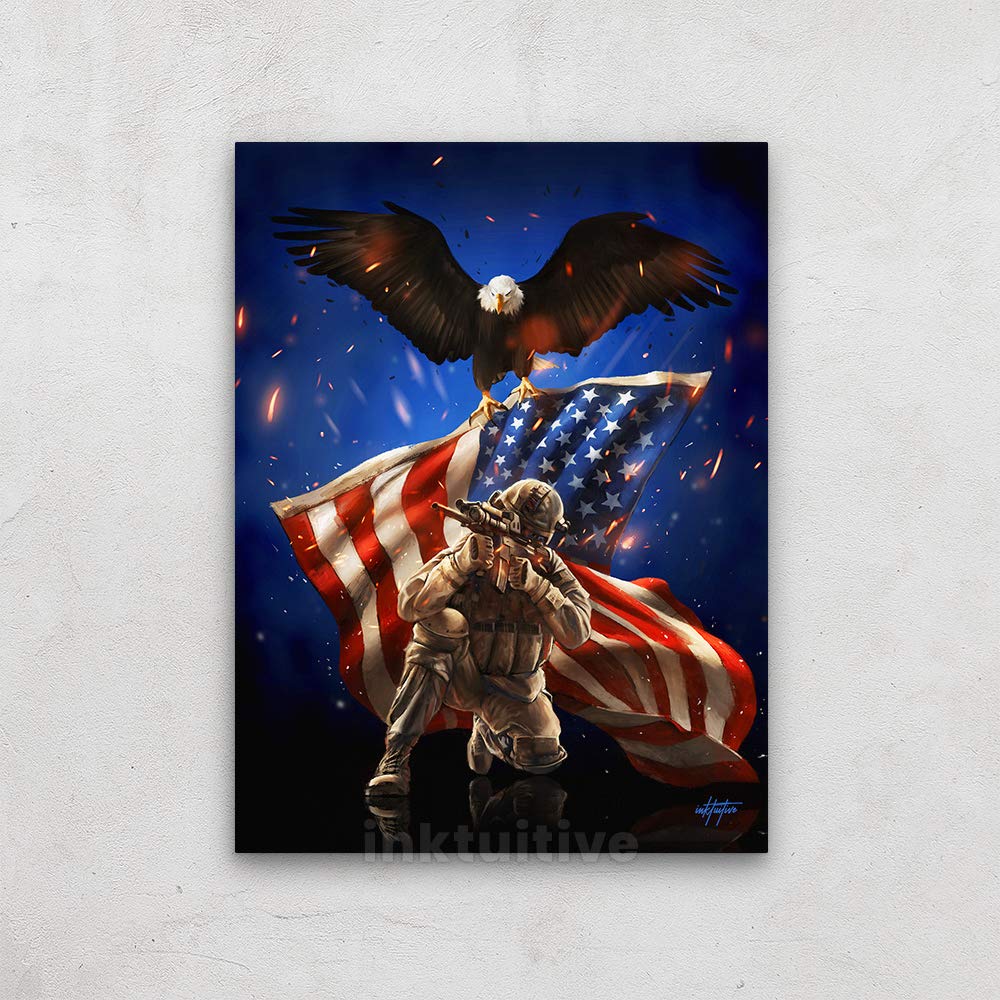 Inktuitive 'American Patriot' Inspirational Wall Art with Black Frame | American Eagle Canvas Print for Man Cave | Modern Décor for Bedroom, Living Room & Office | 24 x 18 Inches | Perfect for Patriotic Home Decor & Gifts