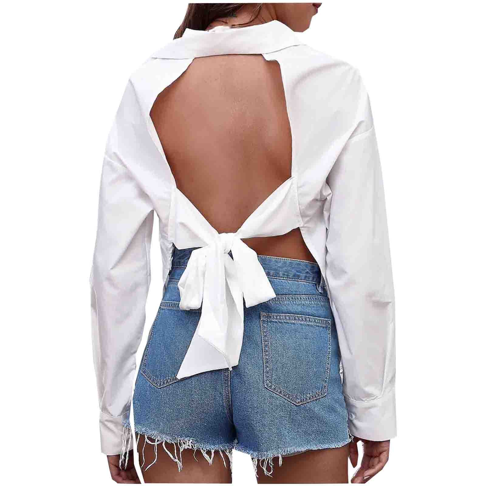 Stylish Women's Casual Long Sleeve Button Down Blouses - Sexy Open Back Tie Front Tops for Work, Dating & Night Out | Backless Fashion Shirts for Women