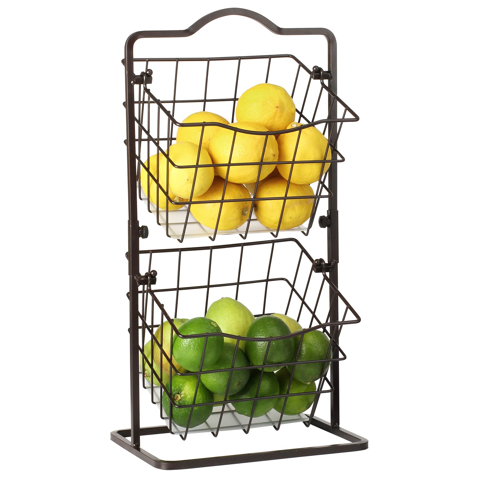 2-Tier Metal Fruit Basket for Kitchen Countertop - Vegetable Produce Storage Holder for Veggies, K-Cup, Potato, Onion & Snacks (Bronze) - Perfect for Pantry Organization & Healthy Snack Display
