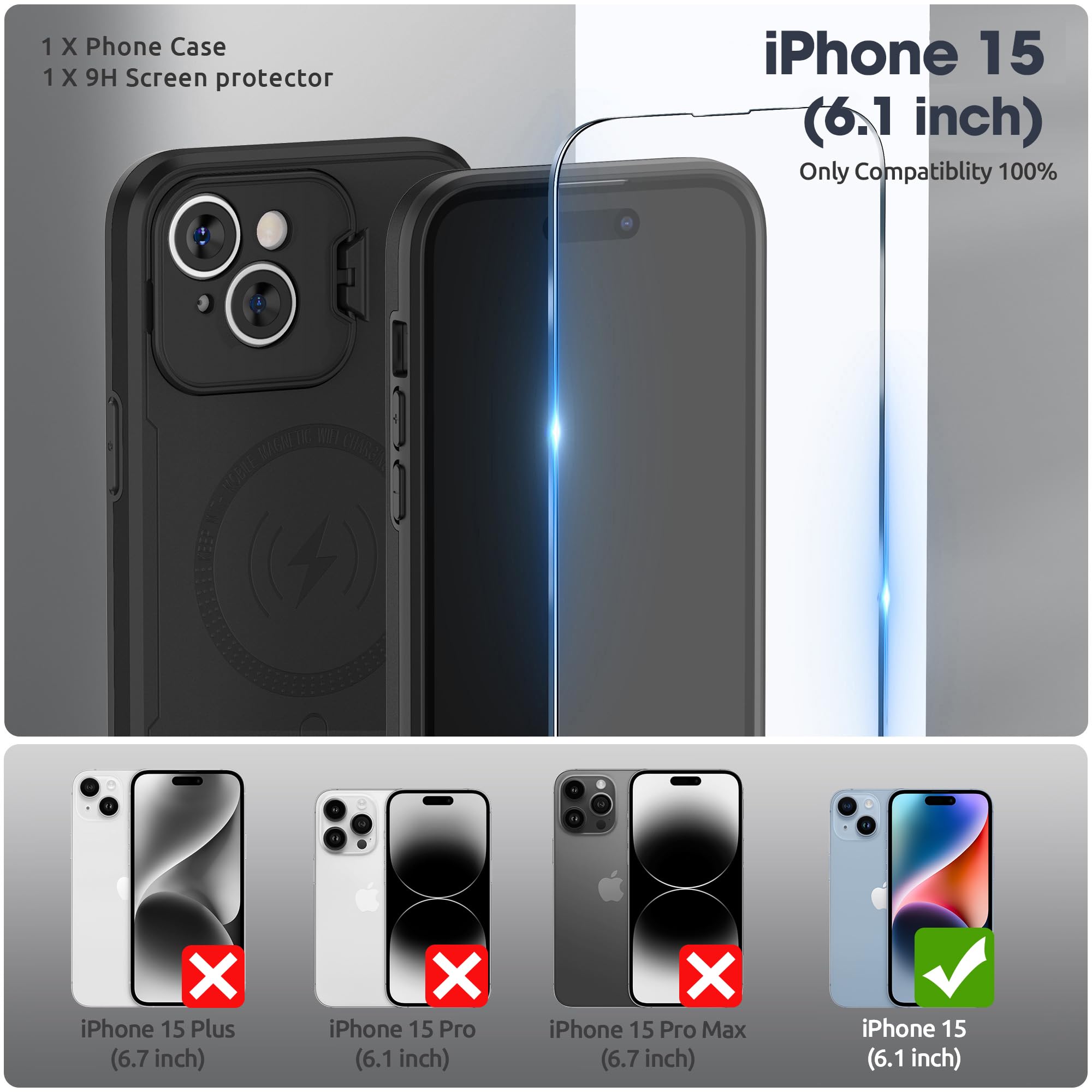 ABITKU Magnetic Shockproof Phone Case for iPhone 15 (6.1 inch) - Compatible with MagSafe & Car Holder, Built-in Camera Protector & Kickstand | Screen Protection Cover for Men & Women | Perfect for Daily Use, Travel & Outdoor Activities (Black, 2023 Model)