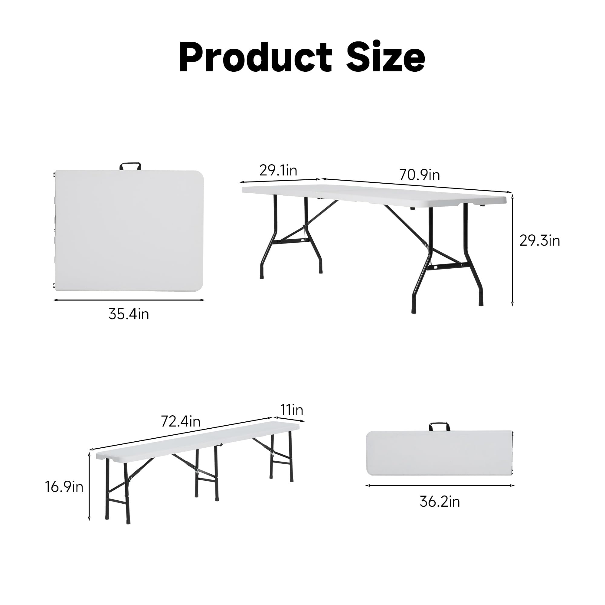 Real Relax 6-Foot Picnic Table Set with 2 Folding Benches | 3-Piece White HDPE Portable Outdoor Dining Set for Camping, Backyard, Garden, Parties & Picnics | Perfect for Family Gatherings, BBQs, and Outdoor Entertaining