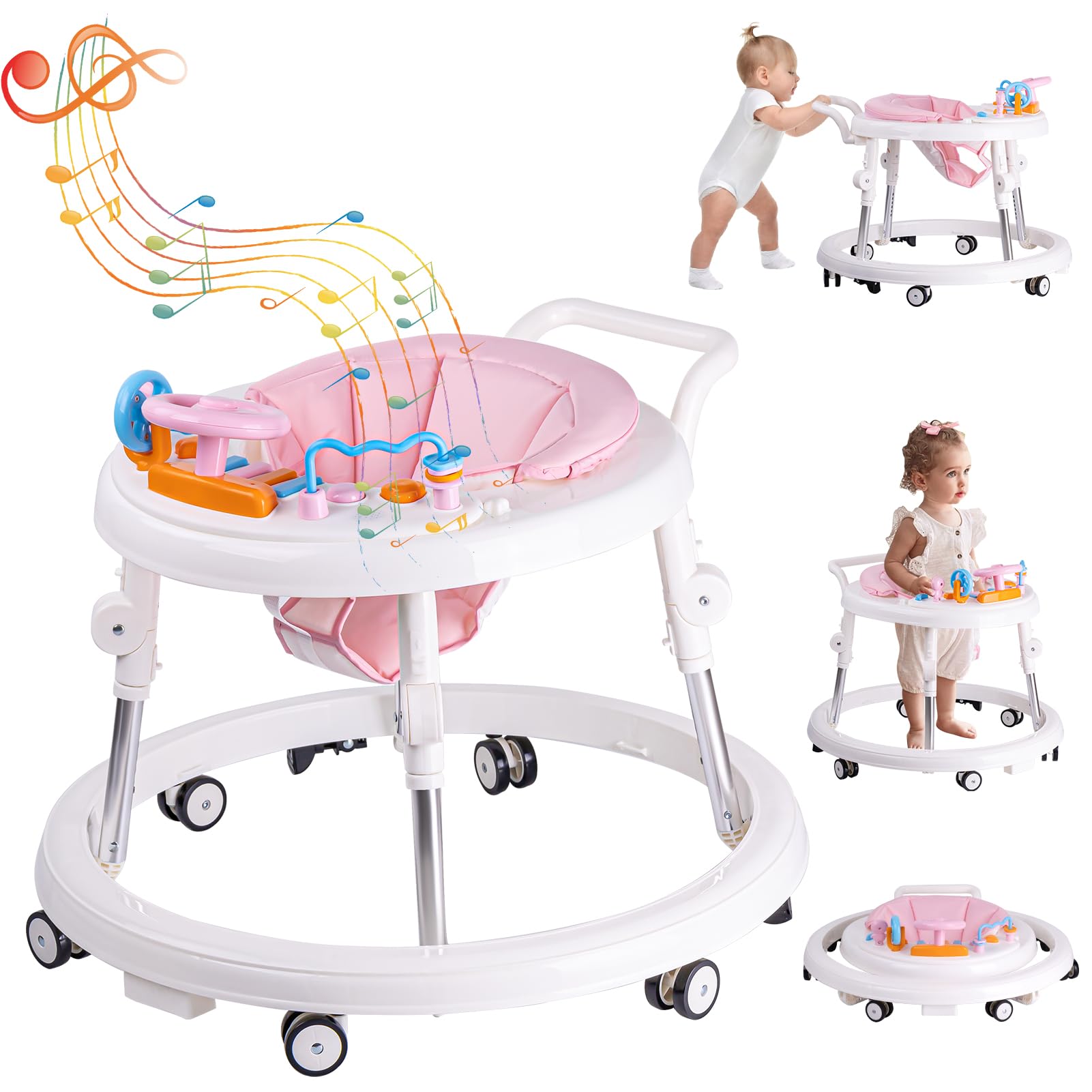 Foldable Baby Walker with Activity Center & Feeding Tray - Adjustable Height Infant Walker for Boys & Girls 6-12 Months | Wheels, Music & 5 Height Settings | Perfect for Learning to Walk & Playtime at Home