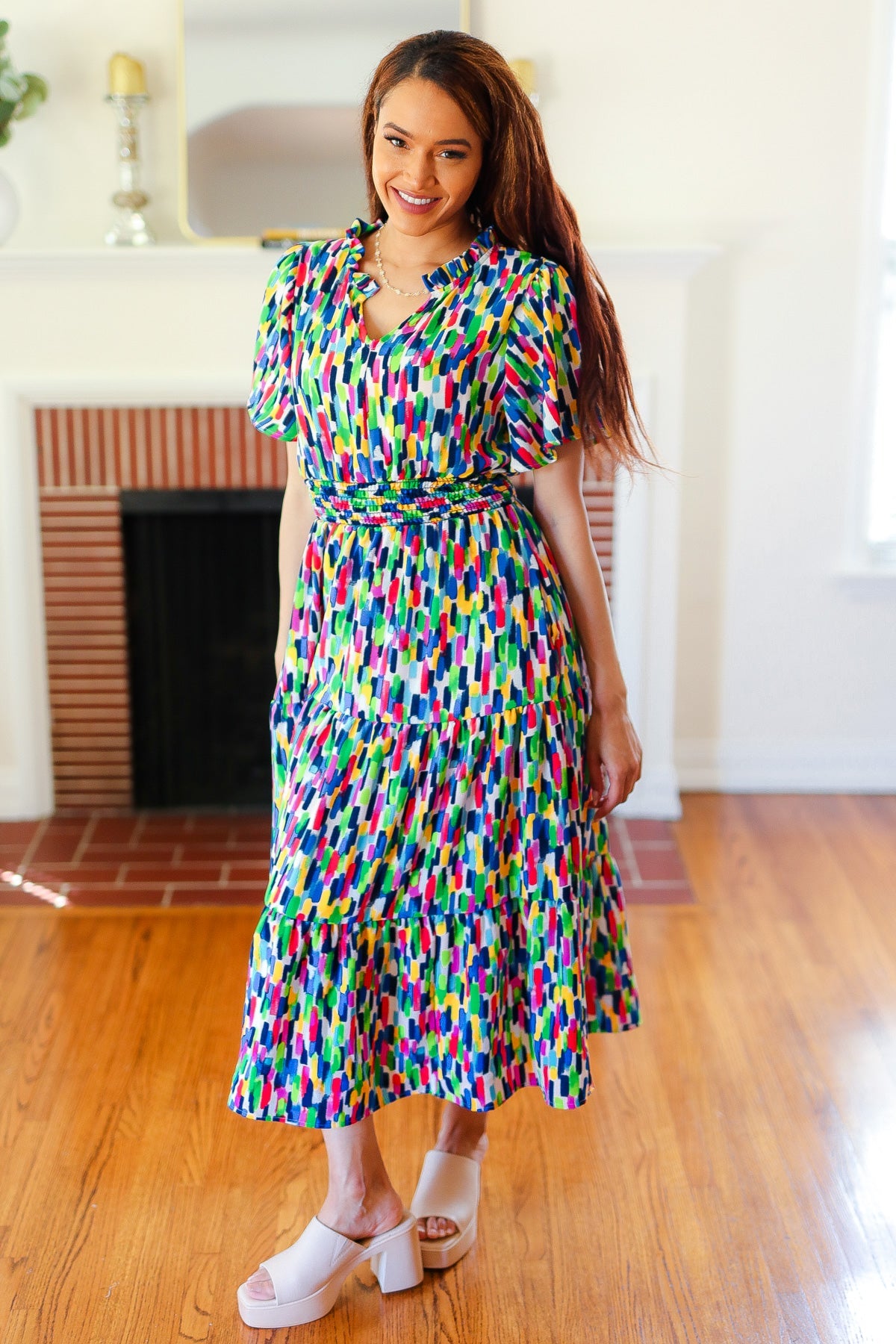 All For You Navy Multicolor Abstract Print Smocked Waist Maxi Dress | Women's Flowy Summer Beach Dress for Vacations & Outdoor Parties