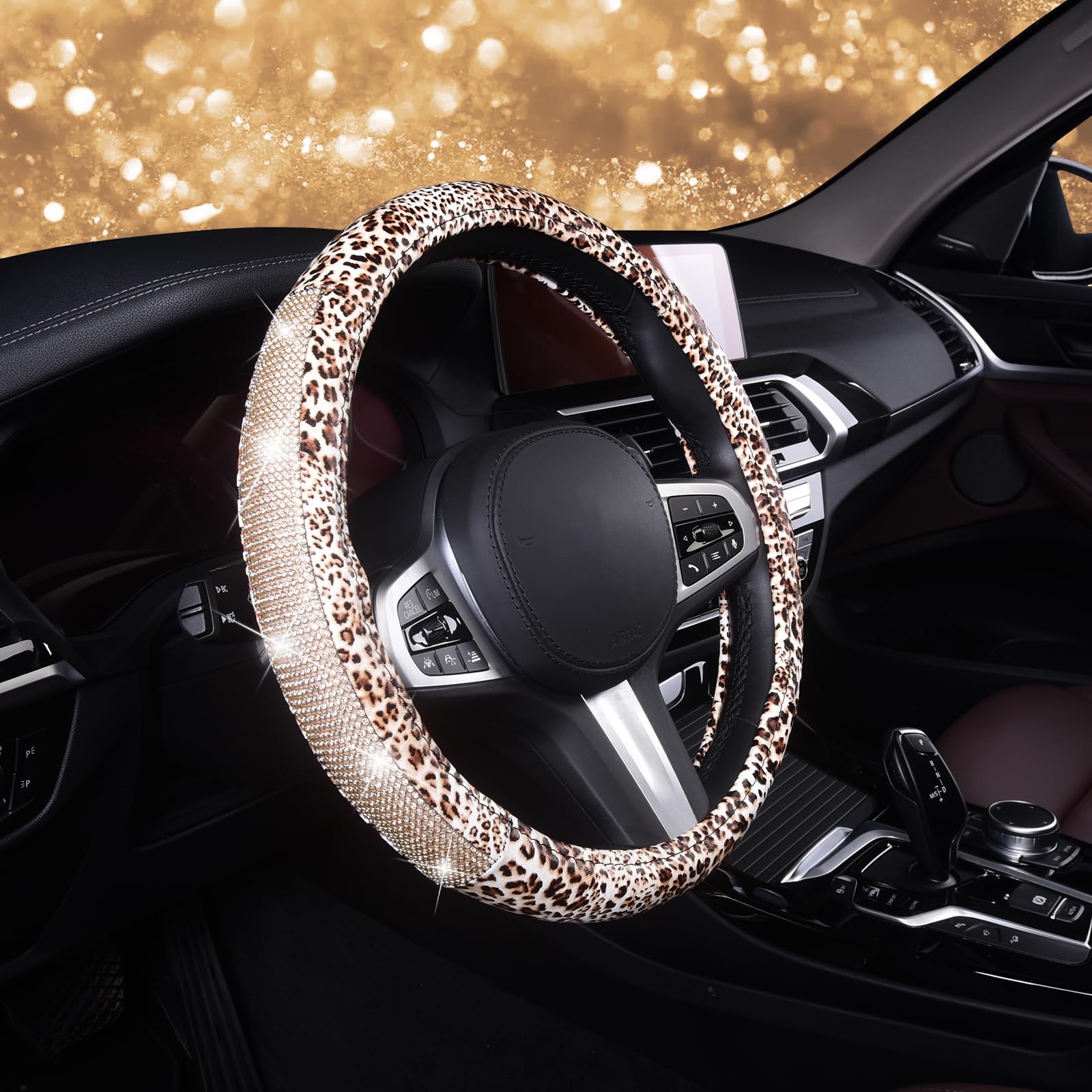 Stylish AUTOYOUTH Leopard Print Leather Steering Wheel Cover with Bling Crystal Rhinestones - Anti-Slip, Universal 15 Inch Fit for Cars, SUVs, Trucks (Black/Silver) - Perfect Gift for Women & Girls, Enhances Driving Comfort & Vehicle Interior Style
