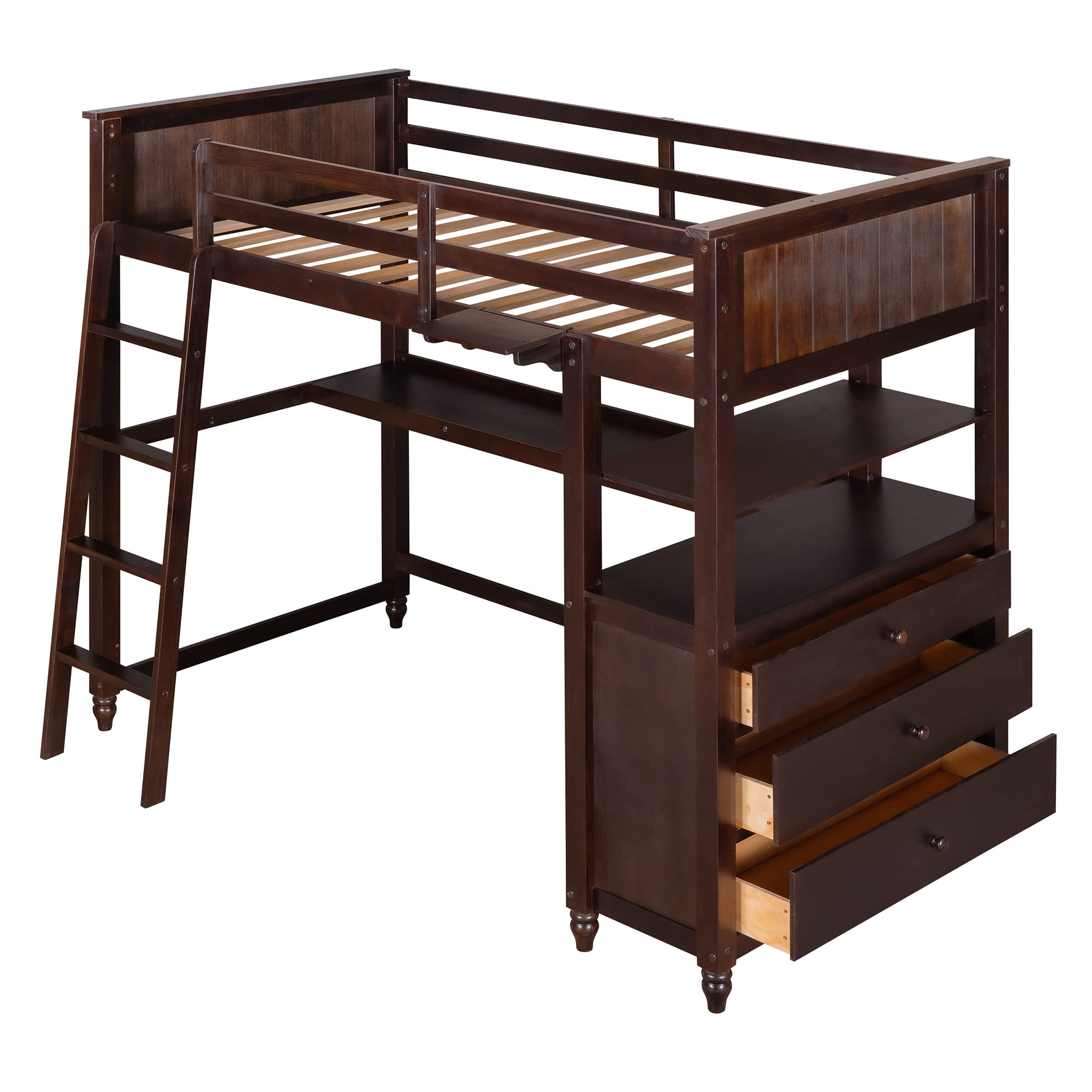 Twin Size Loft Bed with Desk, Drawers & Storage Shelves - Wooden High Loft Bed for Kids, Teens & Adults - Space Saving Study Bed with Headboard & Footboard - Perfect for Small Bedrooms, Dorms & Apartments (Twin, Espresso)