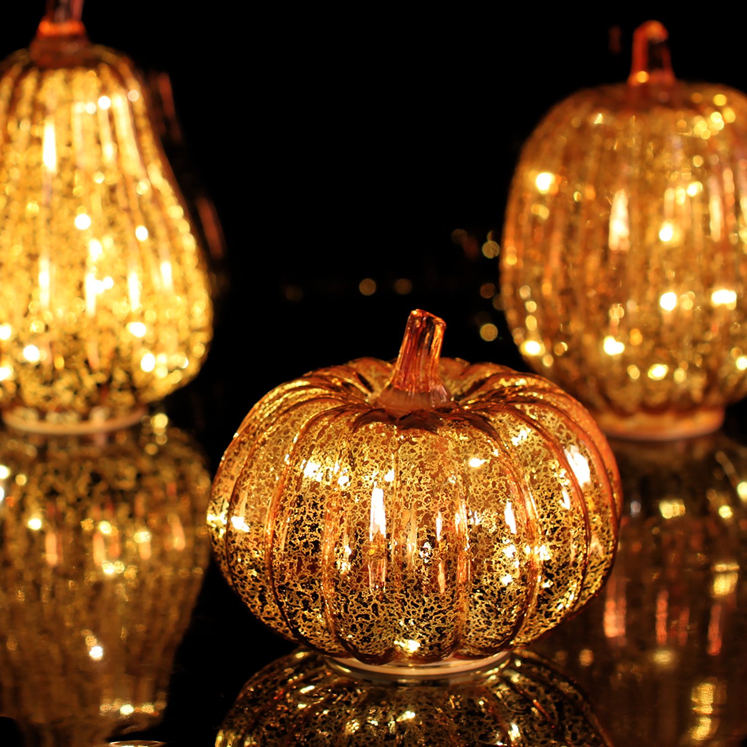 Romingo Set of 3 Halloween Mercury Glass Pumpkin Lights with Timer - Gold Fall & Thanksgiving Decor for Home, Porch, and Party Decoration