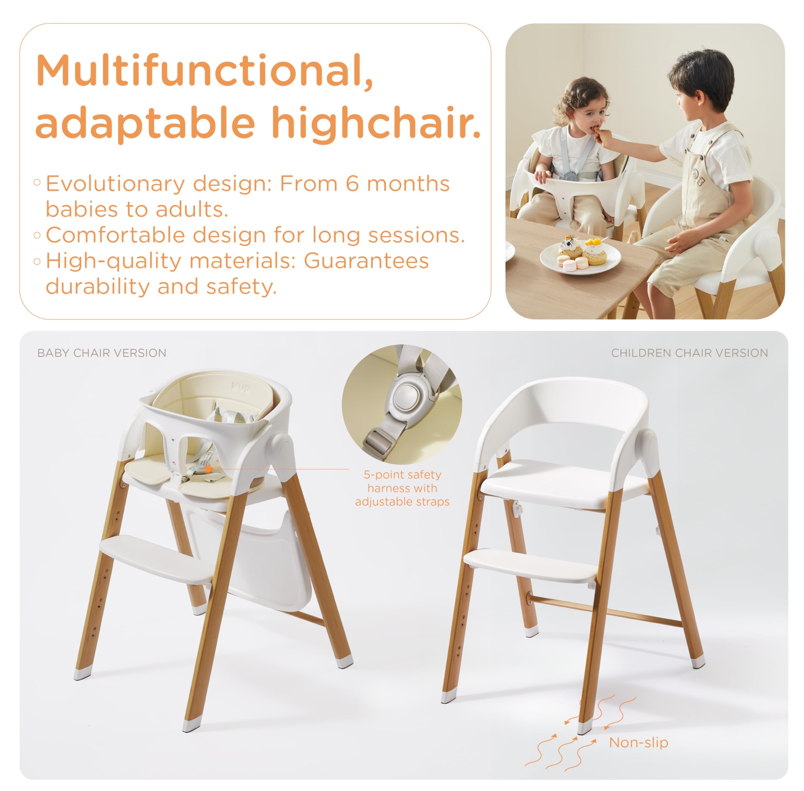 **Adjustable Convertible Baby High Chair with 5-Point Harness & Removable Tray – Foldable, Easy-Clean Wood-Printed Metal Design for Infants & Toddlers – Perfect for Dining, Feeding & Family Meals (White & Natural Wood-Printed Metal)**