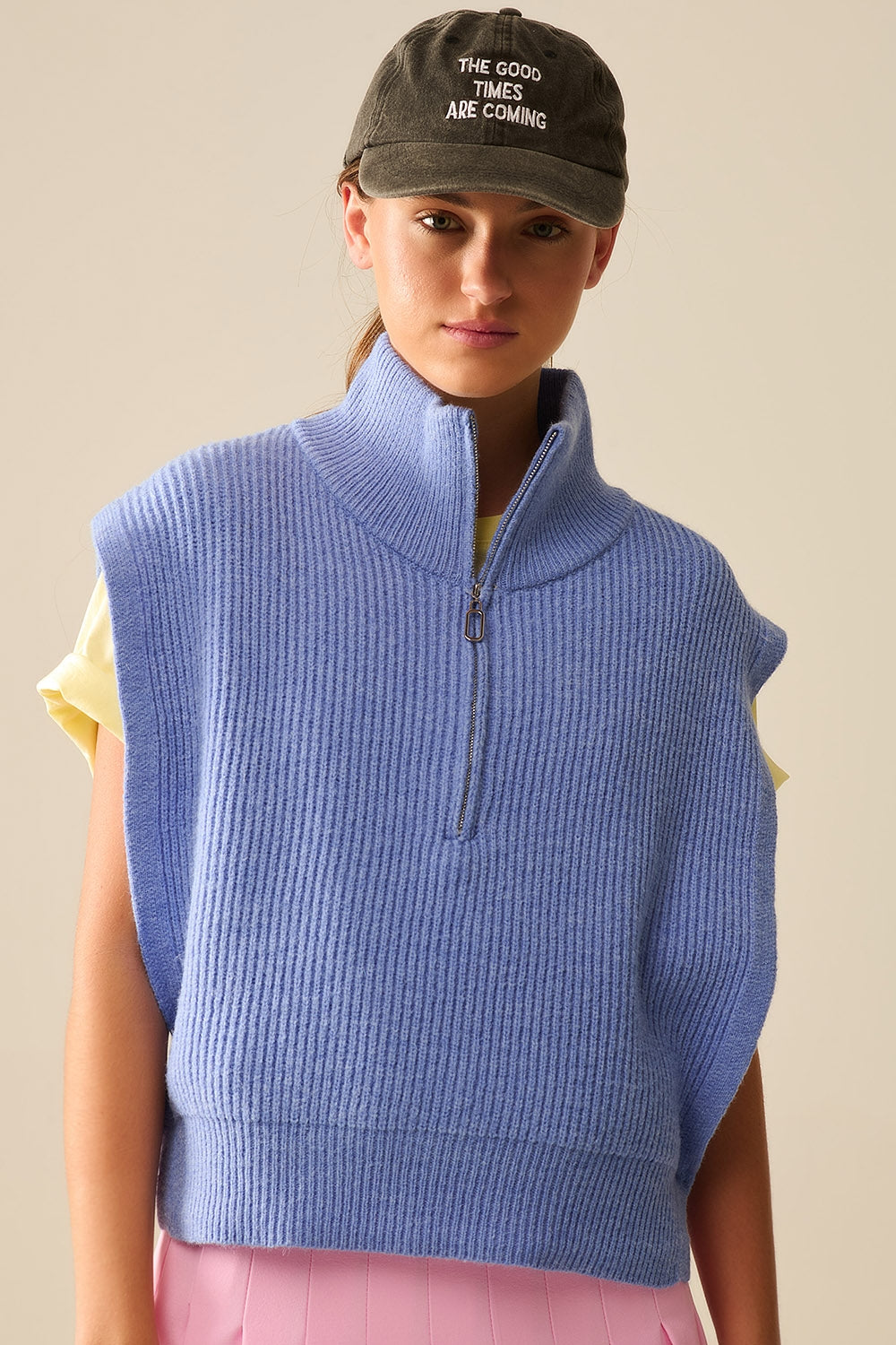 Men's Half-Zip Knit Sweater with Funnel Neck & Wide Armholes - Blue - Perfect for Casual Wear, Office & Outdoor Activities