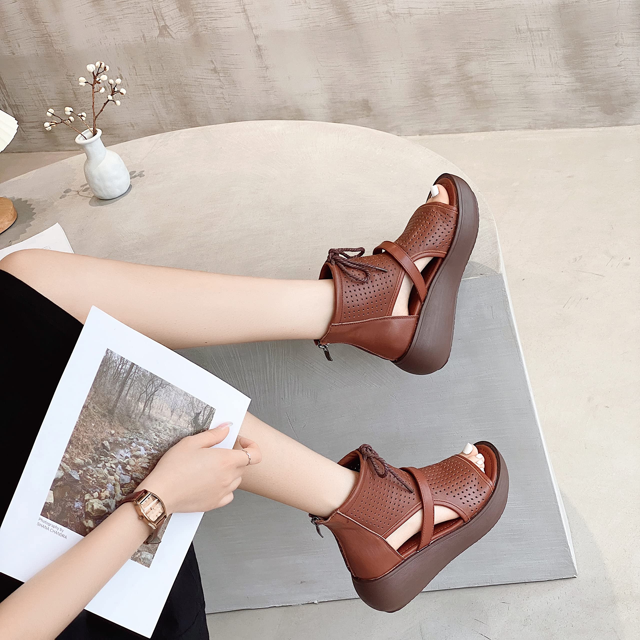 Women's High Top Leather Boot Sandals with Open Toe Cutout Design - Stylish Summer Fashion for Casual Outings, Beach Walks & Outdoor Adventures