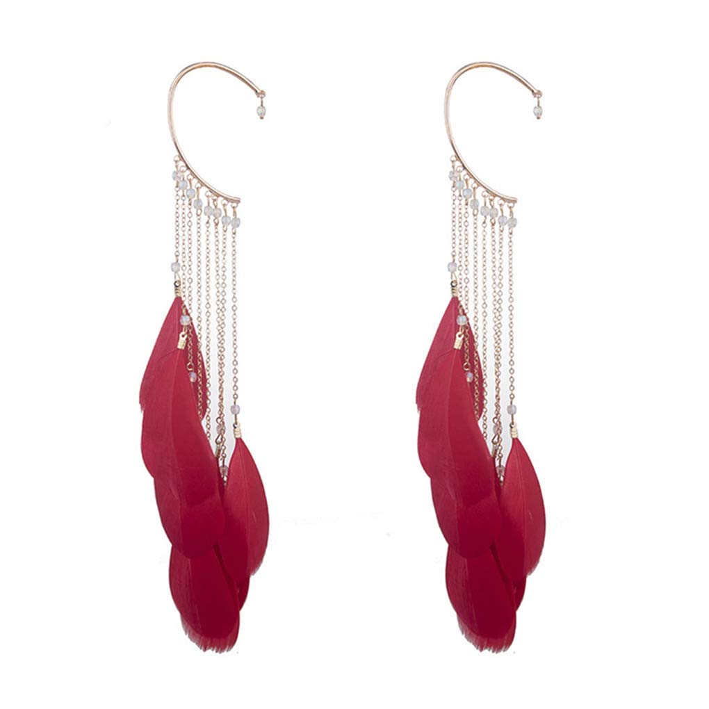 Feather Tassel Clip-On Earrings for Women - Non-Piercing Alloy Hook Long Dangle Ear Cuffs - Boho Chic Accessories for Parties, Weddings & Special Occasions