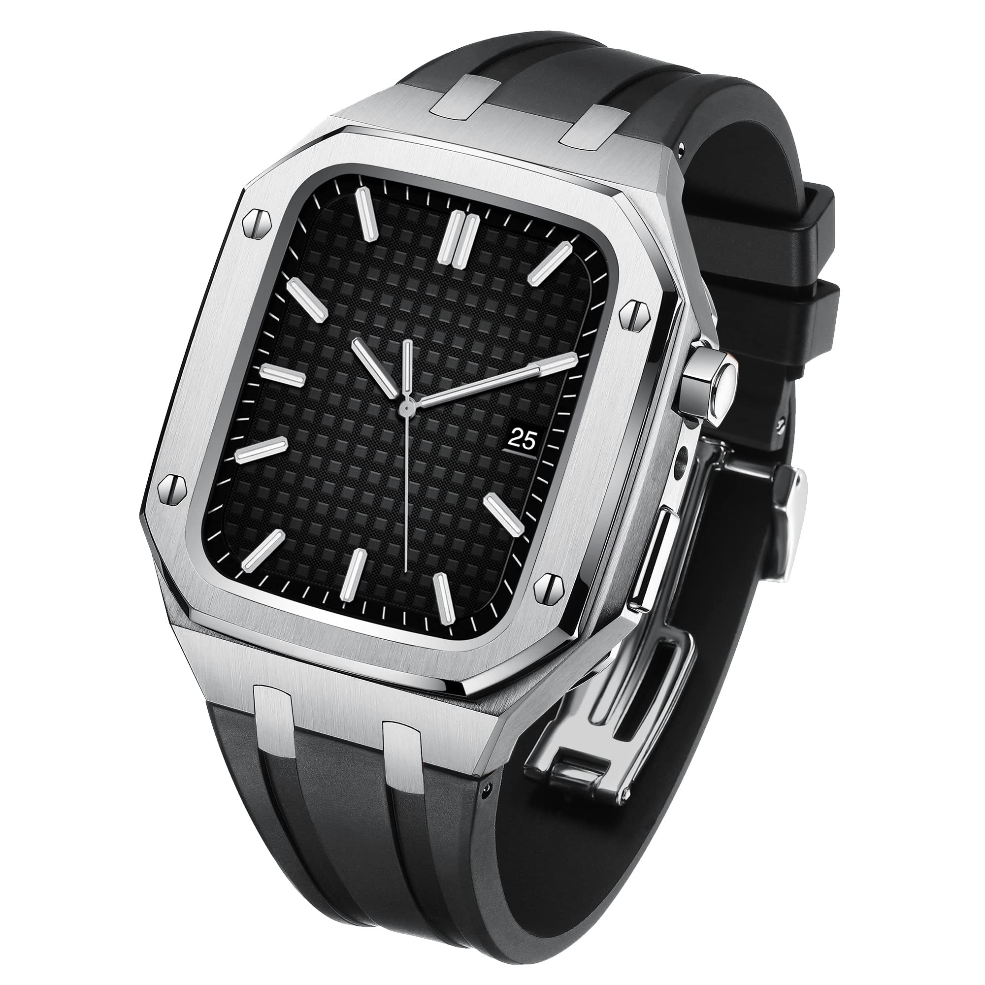 MSF TRADERS Rugged Stainless Steel Case & Rubber Band for Apple Watch Series 7 45mm - Durable Protector Bumper & Luxury Replacement Strap for Men & Women | Perfect for Outdoor Sports, Workouts & Everyday Wear