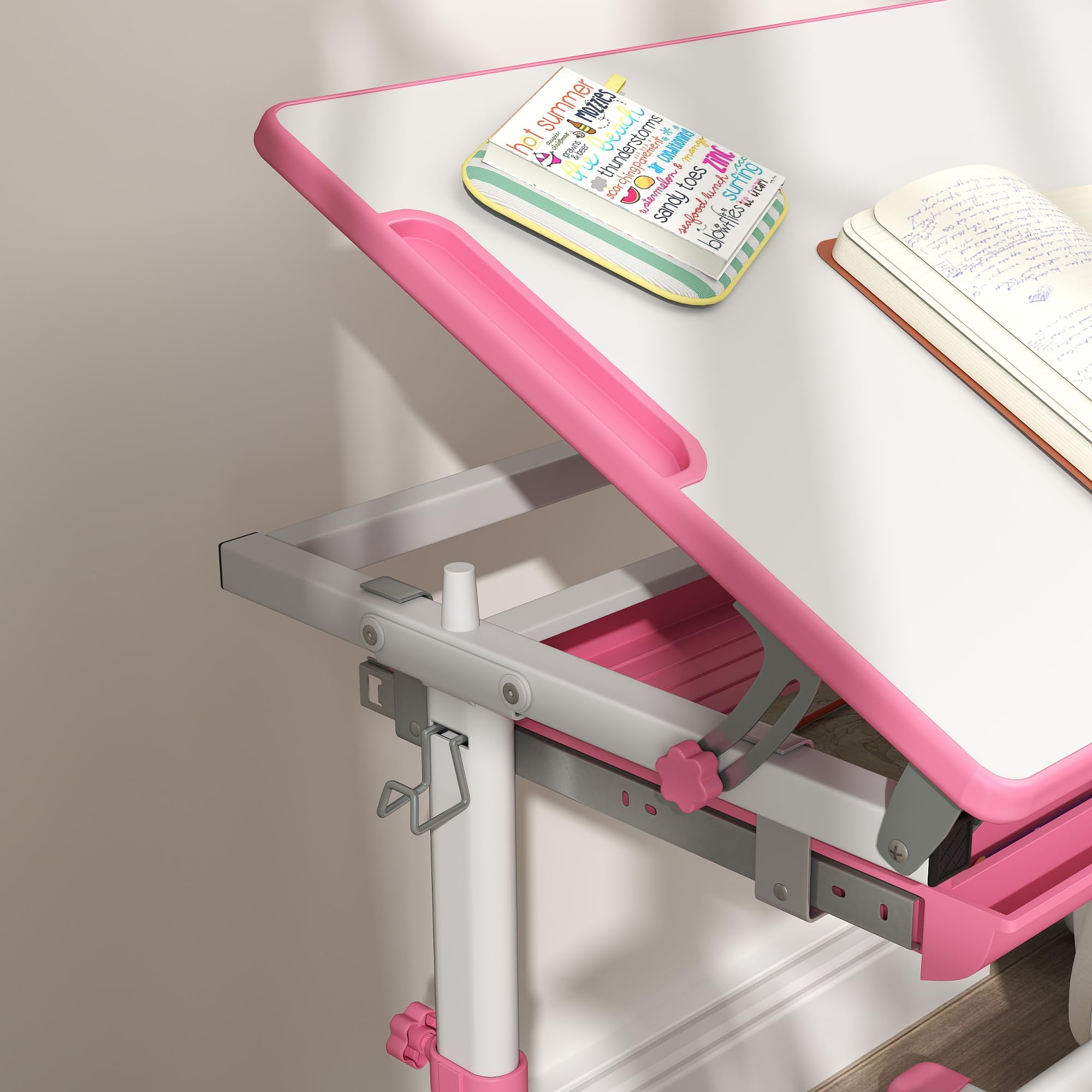 Qaba Adjustable Kids Desk and Chair Set - Ergonomic Study Desk with Tiltable Desktop, Storage Drawer & Pen Holder for Children - Perfect for Homeschooling, Online Learning & Bedroom Study (Pink)