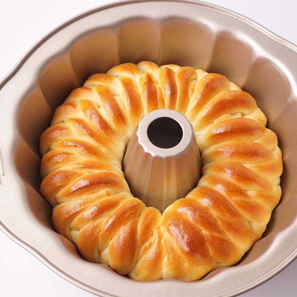 Nonstick 9-Inch Fluted Tube Cake Pan - Heavy Duty Carbon Steel Bundt Mold with Handles for Baking, Oven Safe Champagne Gold Bakeware - Perfect for Birthday Cakes, Holiday Desserts & Party Treats