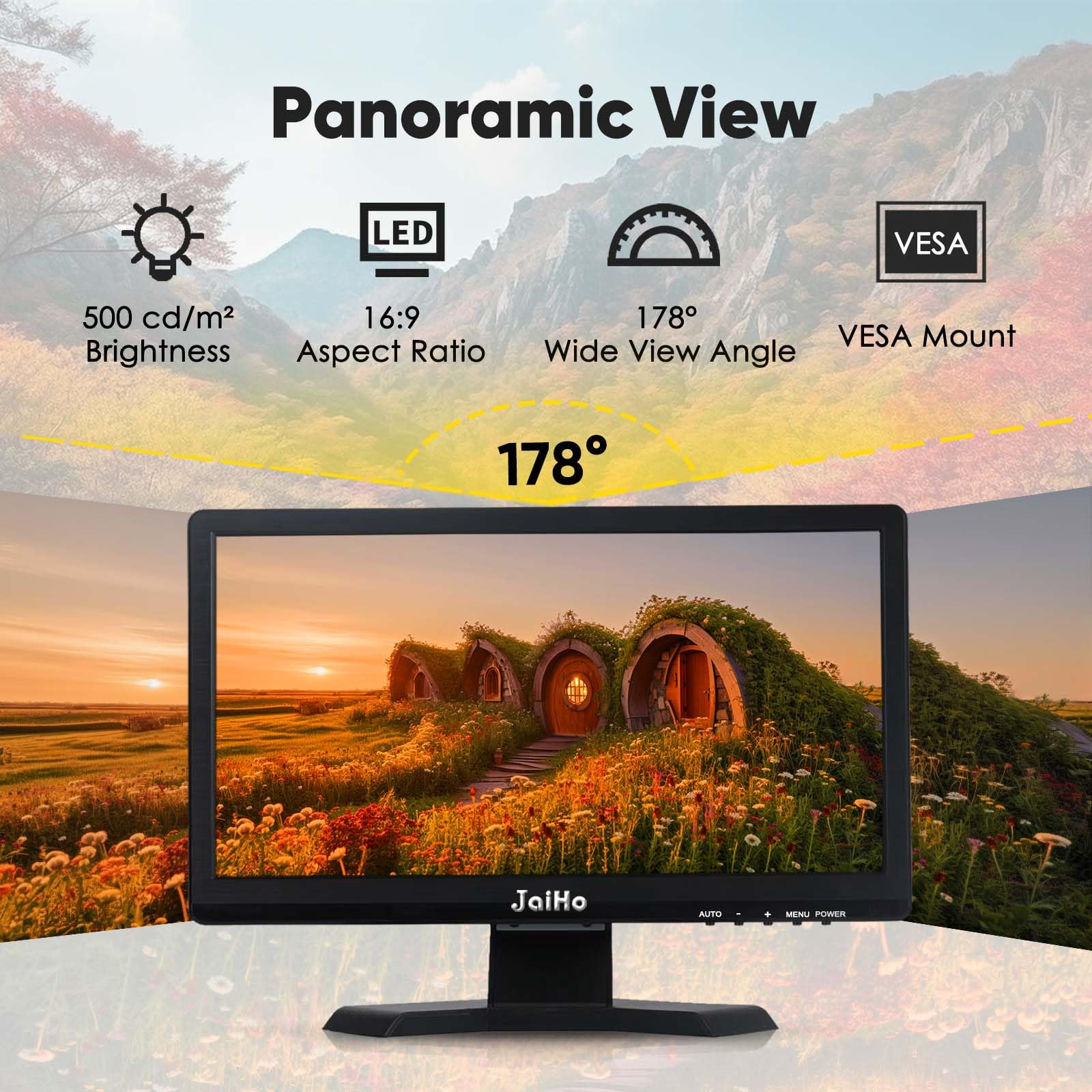 15.6 Inch 60Hz Full HD 1920x1080 Computer Monitor - Widescreen 16:9 Office PC Display with HDMI/VGA Inputs - VESA Mountable Gaming & CCTV Monitor for Raspberry Pi, Home Office & Workstation Use