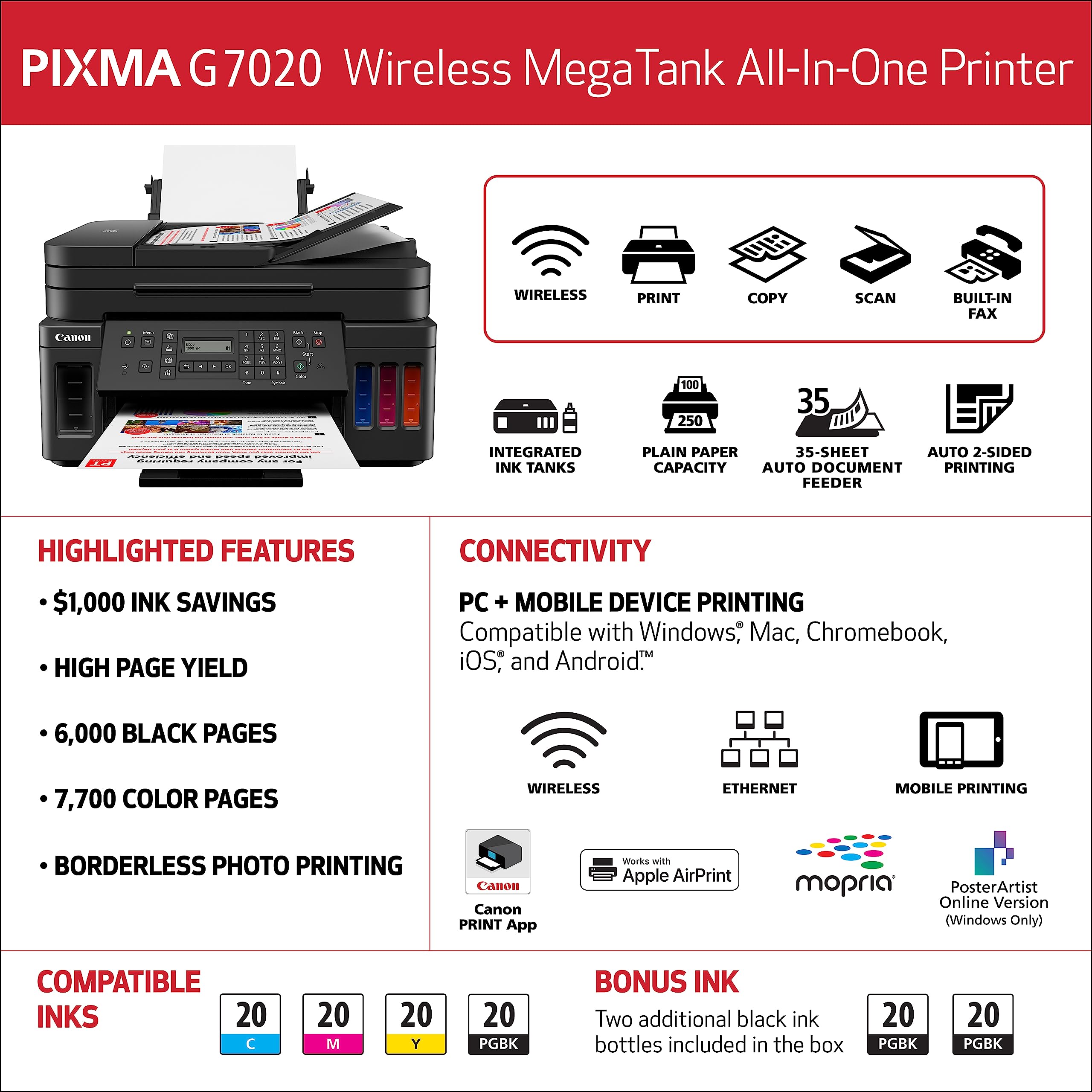 Canon G7020 Wireless All-in-One SuperTank Printer for Home & Office | High-Capacity Inkjet Printer with Copy, Scan, Fax & ADF | Mobile Printing & Alexa Compatible | Ideal for Remote Work & Small Business Printing Needs