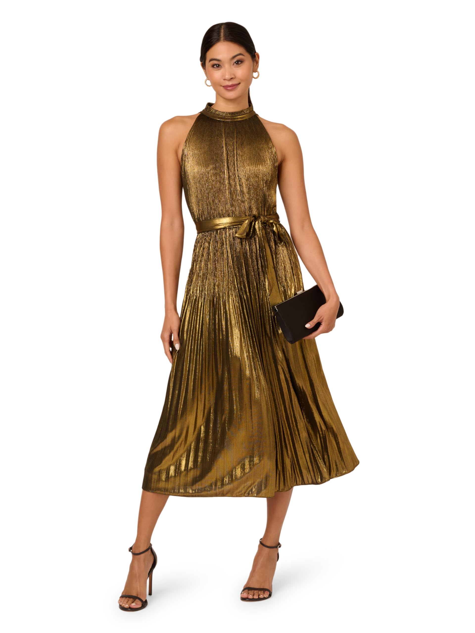 Adrianna Papell Women's Elegant Halter Pleated Metallic Cocktail Dress for Evening Parties & Special Occasions
