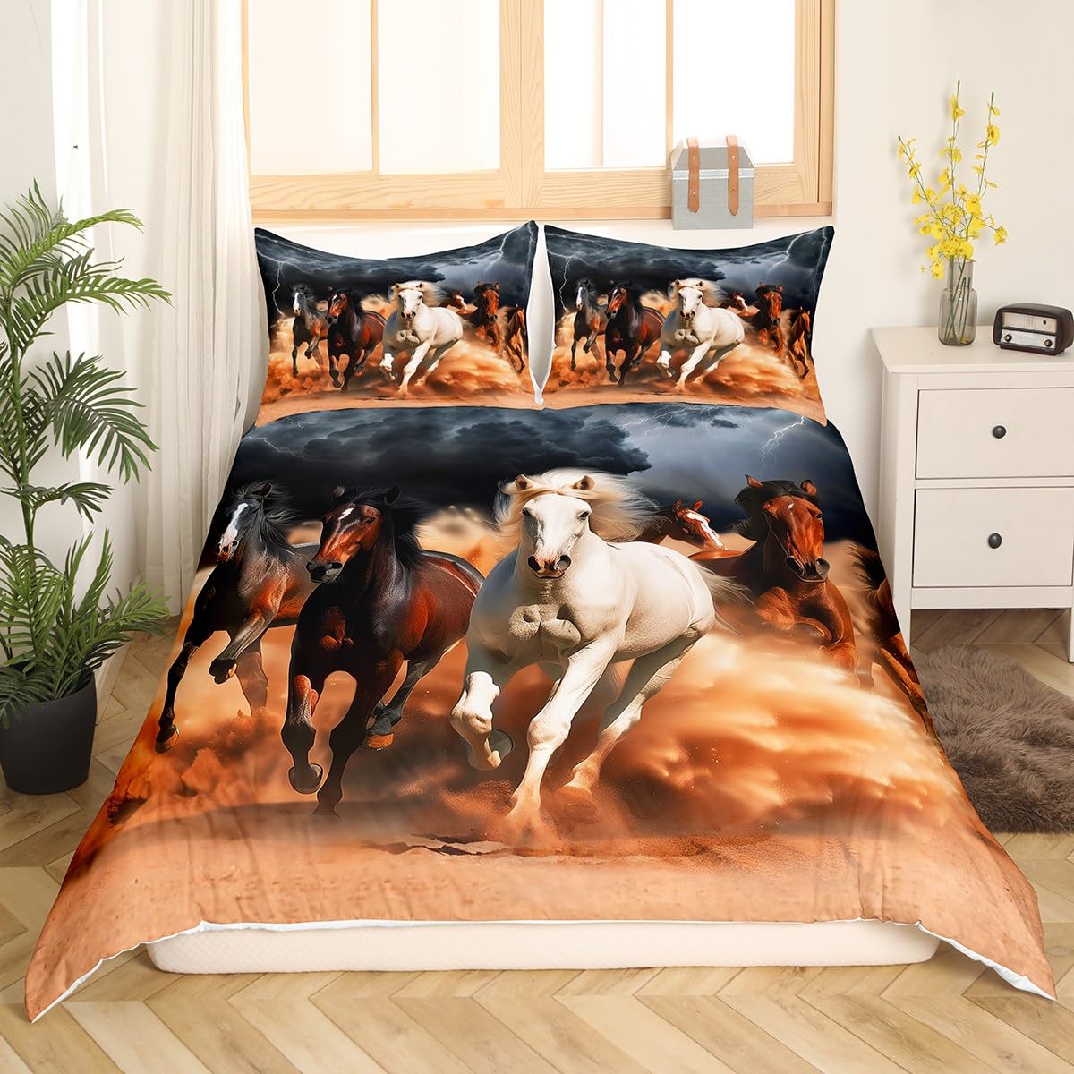 3D Wild Horse Pattern Comforter Set - Twin Size Western Farmhouse Theme Duvet Cover with Zipper Closure for Boys & Teens | Africa Wild Horses Printed Lightning Decor Bedding - Perfect for Cowboy Themed Bedrooms, Kids' Rooms & Western Style Home Decor