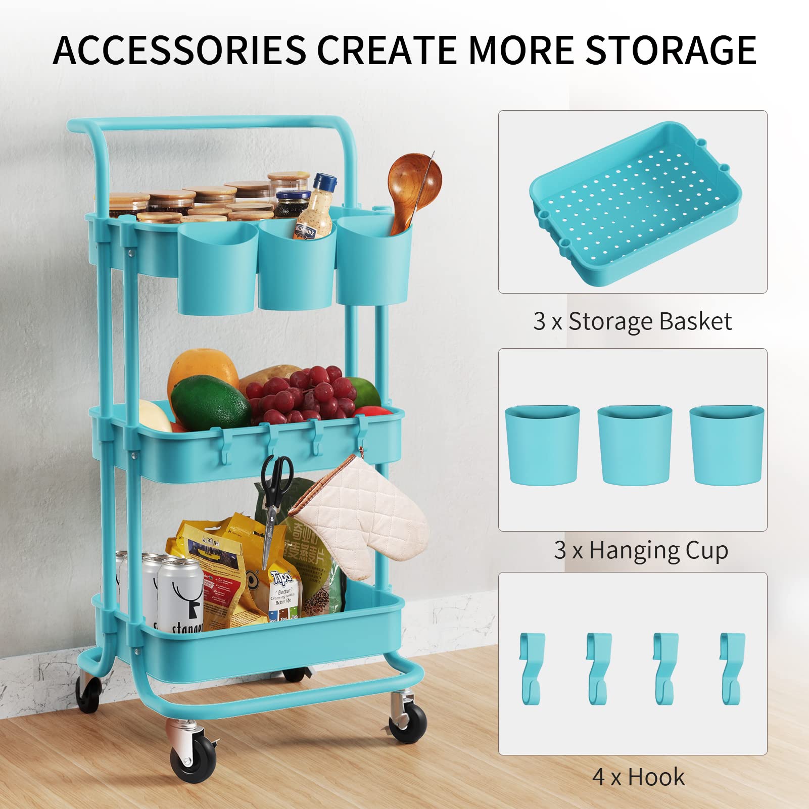 ALVOROG 3-Tier Rolling Utility Cart with Wheels - Multifunctional Mobile Storage Organizer with Hanging Cups for Kitchen, Office, Coffee Bar, Salon & Dorm Room - Blue Service Cart for Easy Organization & Transport