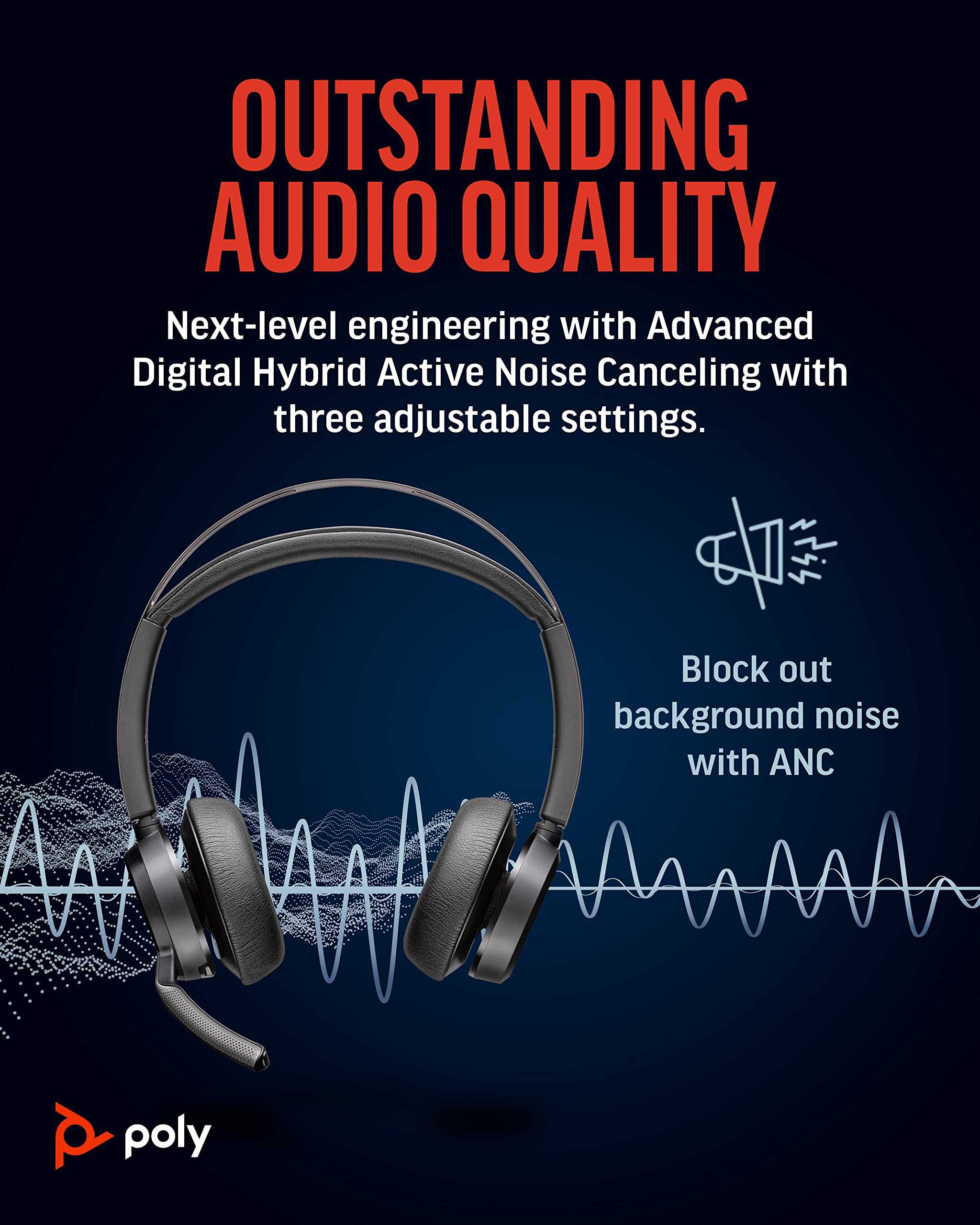 Poly Voyager Focus 2 UC Wireless Headset with Charging Dock | Active Noise Cancelling Bluetooth Headphones for PC, Mac & Mobile | Long Battery Life for Zoom, Teams Calls | Perfect for Home Office & Remote Work