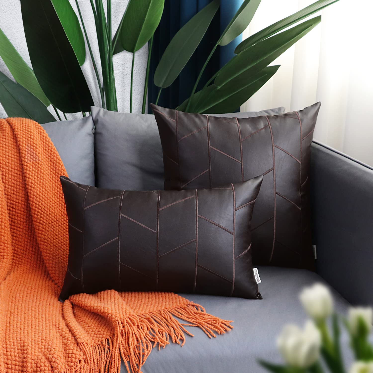 BRAWARM 16x16 Inch Faux Leather Pillow Covers Set of 2 - Brown Geometric Embroidery Decorative Throw Pillows for Couch, Sofa, Bed & Living Room - Home Decor Accent for Modern & Farmhouse Style