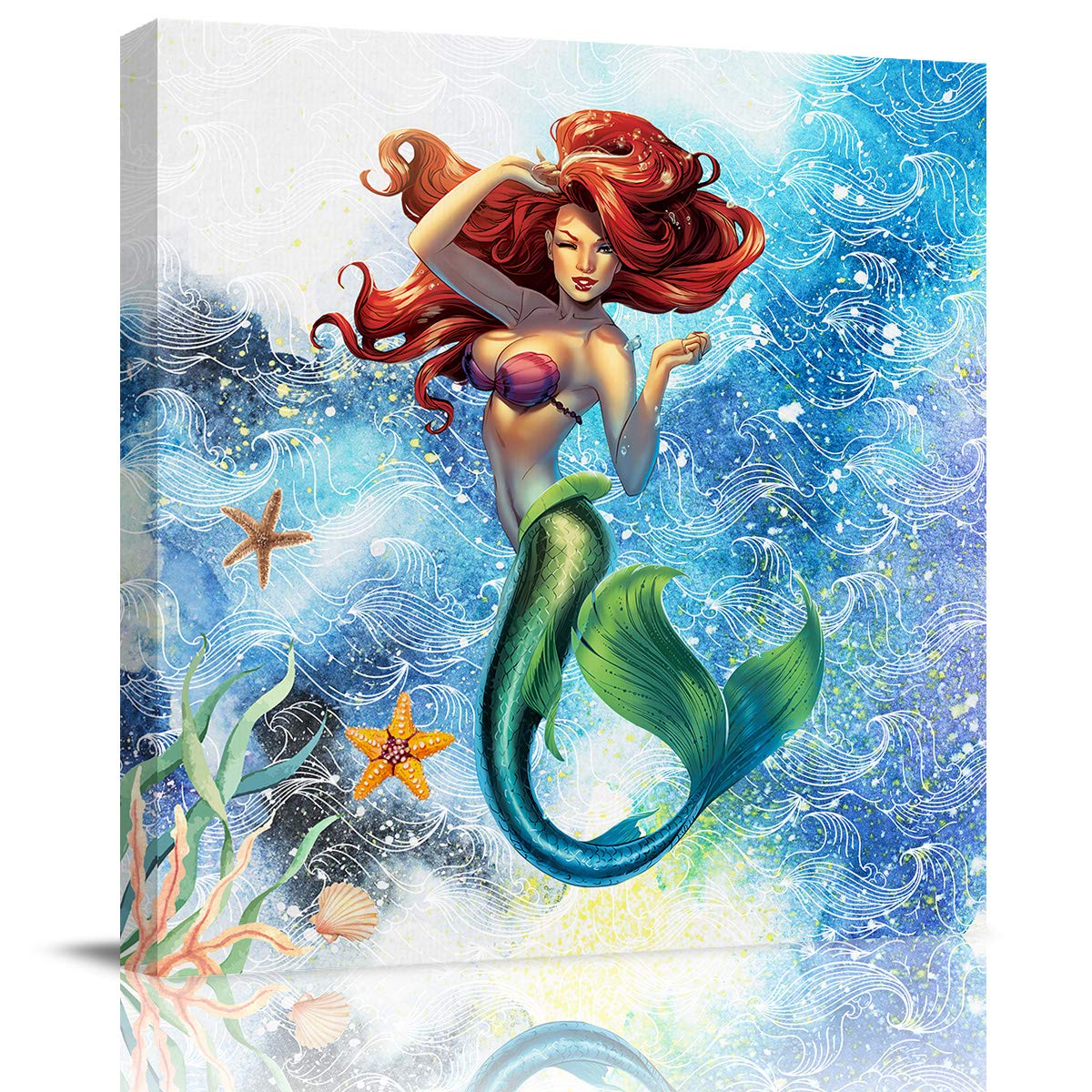 Sexy Mermaid & Starfish Abstract Oil Painting - Stretched Framed Canvas Wall Art for Living Room, Bedroom, Kitchen Decor | Coastal Beach Theme Home Décor | Perfect for Beach Houses & Nautical Themed Interiors