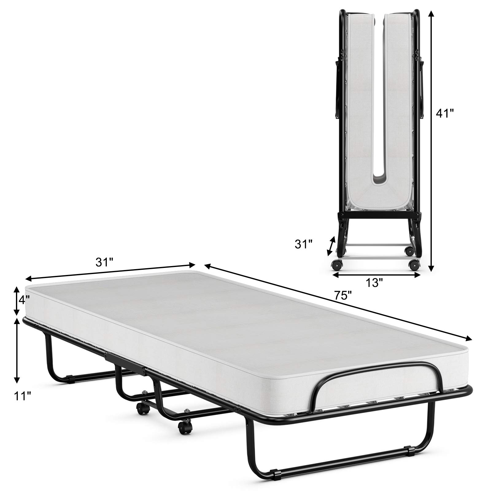 GOFLAME Folding Bed with Memory Foam Mattress - Portable Twin Size Bed with Sturdy Metal Frame & Wheels for Adults & Kids - Space-Saving Guest Bed for Home, Office & Travel - Made in Italy - Perfect for Sleepovers, Camping & Small Spaces