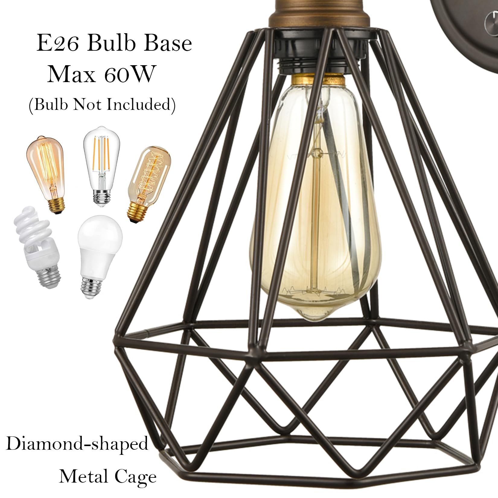 DAYCENT Set of 2 Industrial Wall Sconces - Oil Rubbed Bronze Gooseneck Farmhouse Lighting with On/Off Switch & Polygon Cage Design - Perfect for Bedroom, Living Room, Hallway & Entryway Lighting