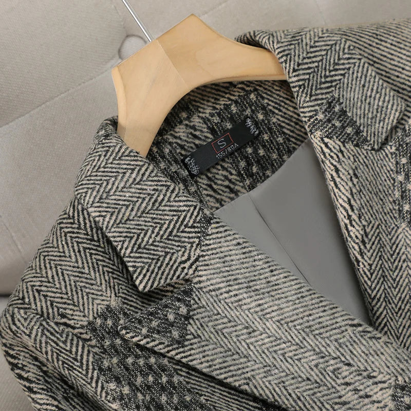 2024 Vintage Gray Patchwork Women's Elegant Button Long Sleeve Blazer & High Waist Pants Two-Piece Set - Autumn Winter Fashion Outfit for Office, Party & Casual Wear