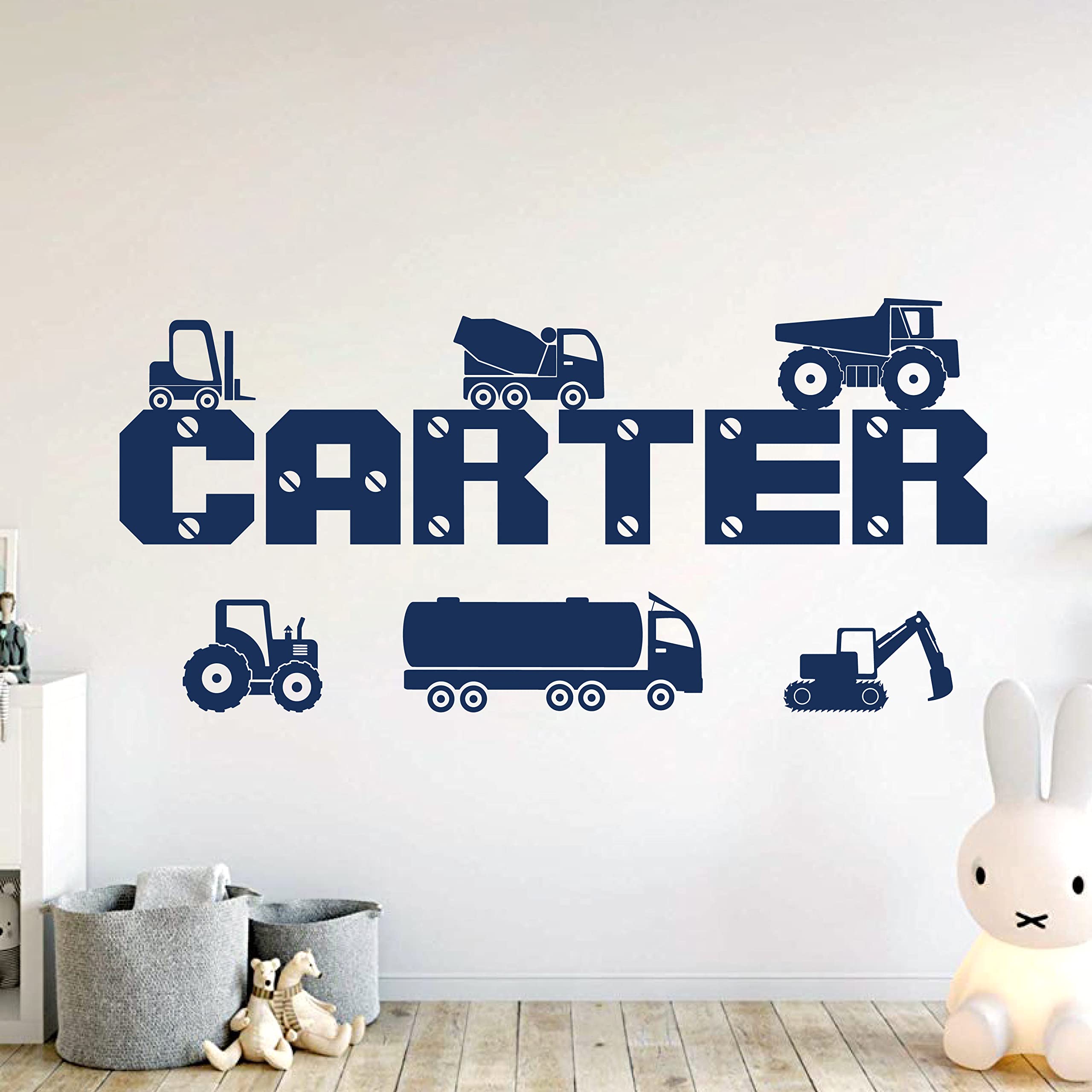 Personalized Boys Name Wall Decals - Truck, Tractor, Digger Construction Vehicle Stickers [Orange] | Nursery, Kids Room, Playroom Decor