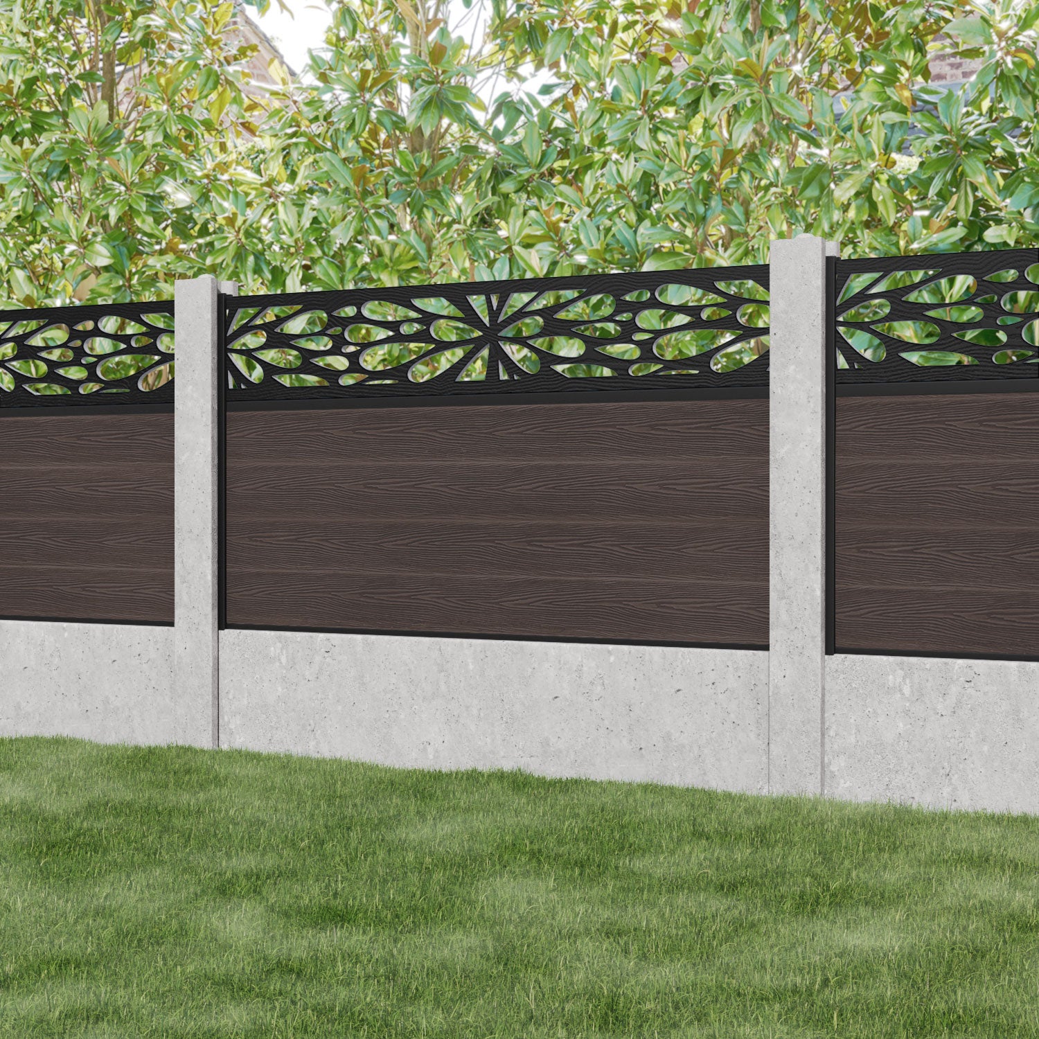 Classic Blossom Fence Panel - Mid Brown Wooden Garden Fence for Concrete Posts | Outdoor Privacy Screen, Backyard Decoration & Landscape Design