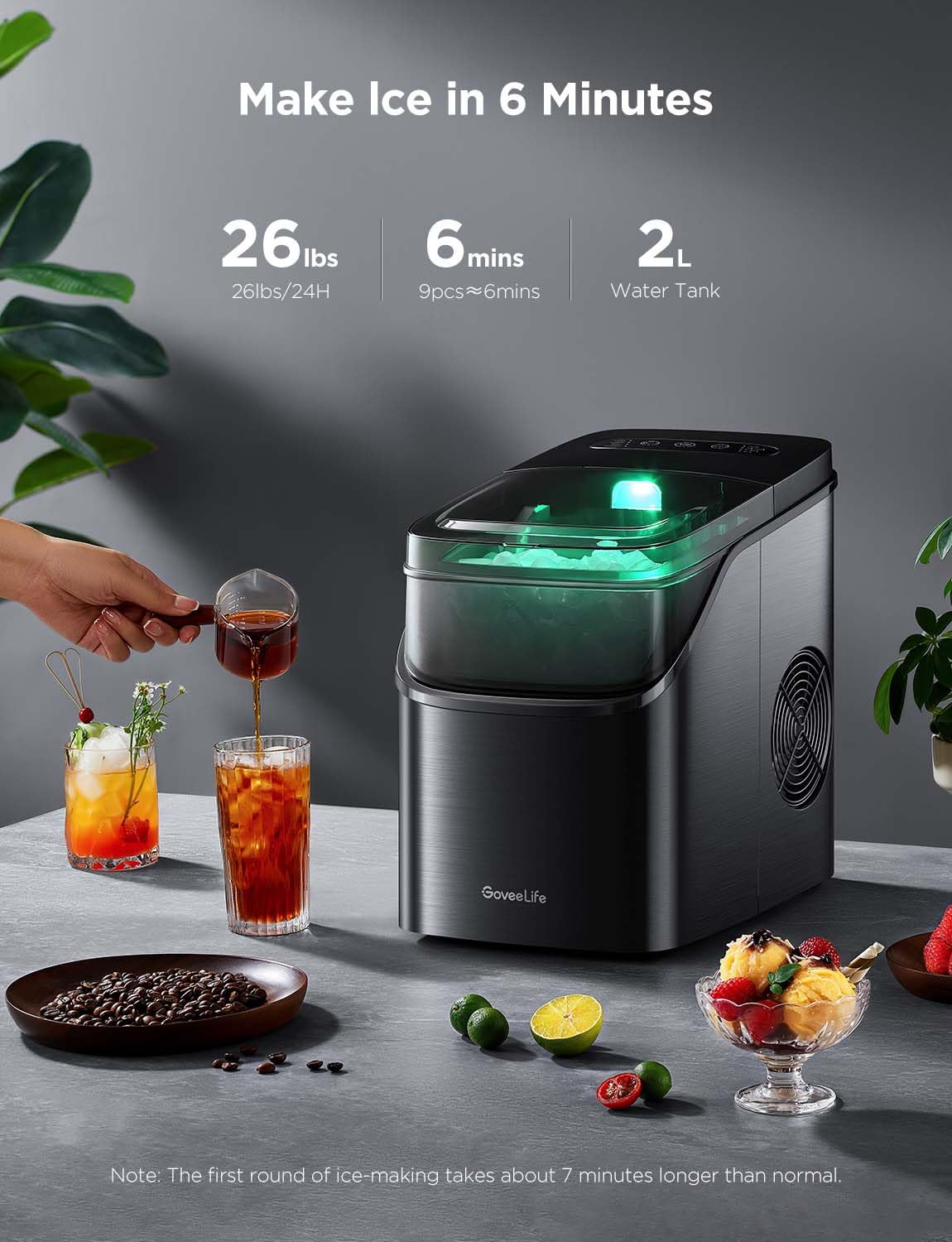 GoveeLife Smart Countertop Ice Maker Machine - Portable Ice Cube Maker with Voice Control, 9 Cubes in 6 Mins, 26lbs/24Hrs, 3 Size Options, Self-Cleaning & RGB Lights, Ultra Quiet - Perfect for Kitchen, Home Bar, RV & Office Use (Black)