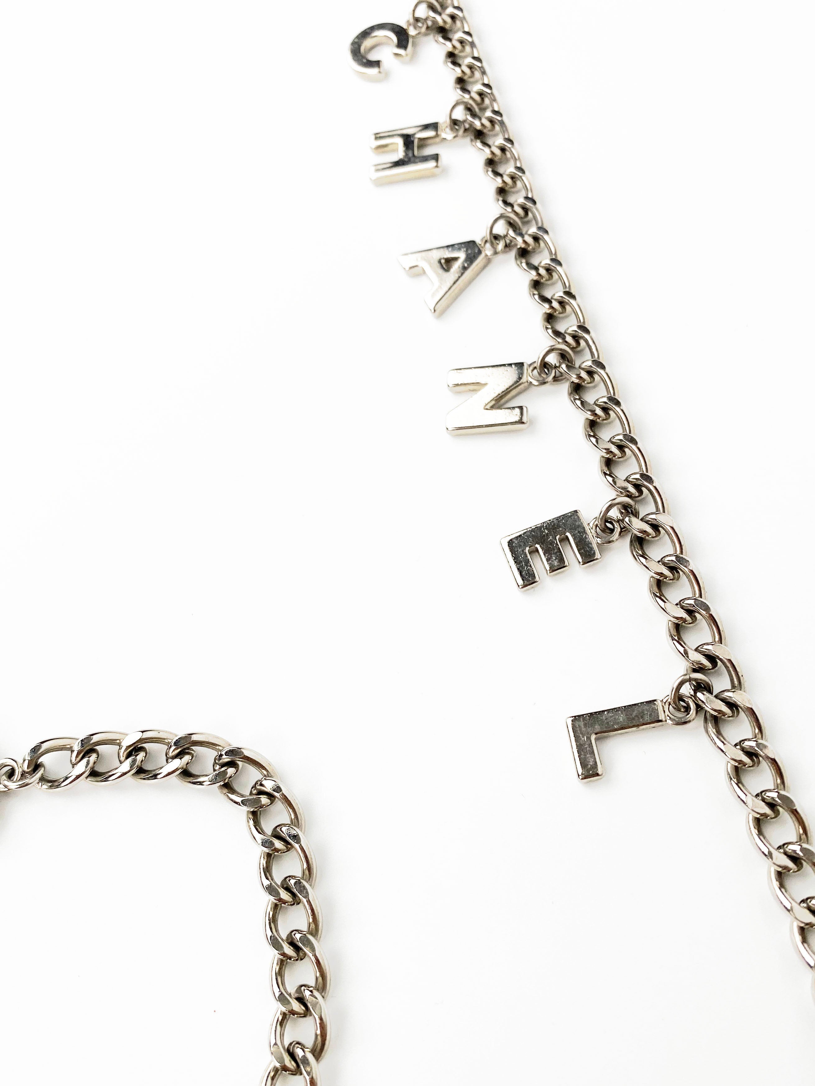 Chanel Silver Chain Belt with Letter Charms - Elegant Women's Fashion Accessory for Parties, Weddings & Everyday Style