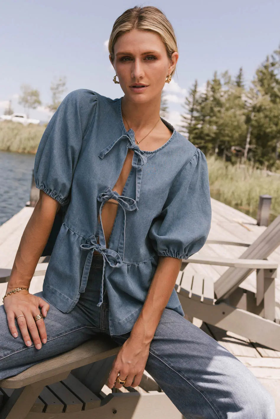 Natalia Peplum Tie Blouse - Light Wash Women's Tops | Casual & Office Wear | FINAL SALE | Perfect for Work, Date Night & Special Occasions