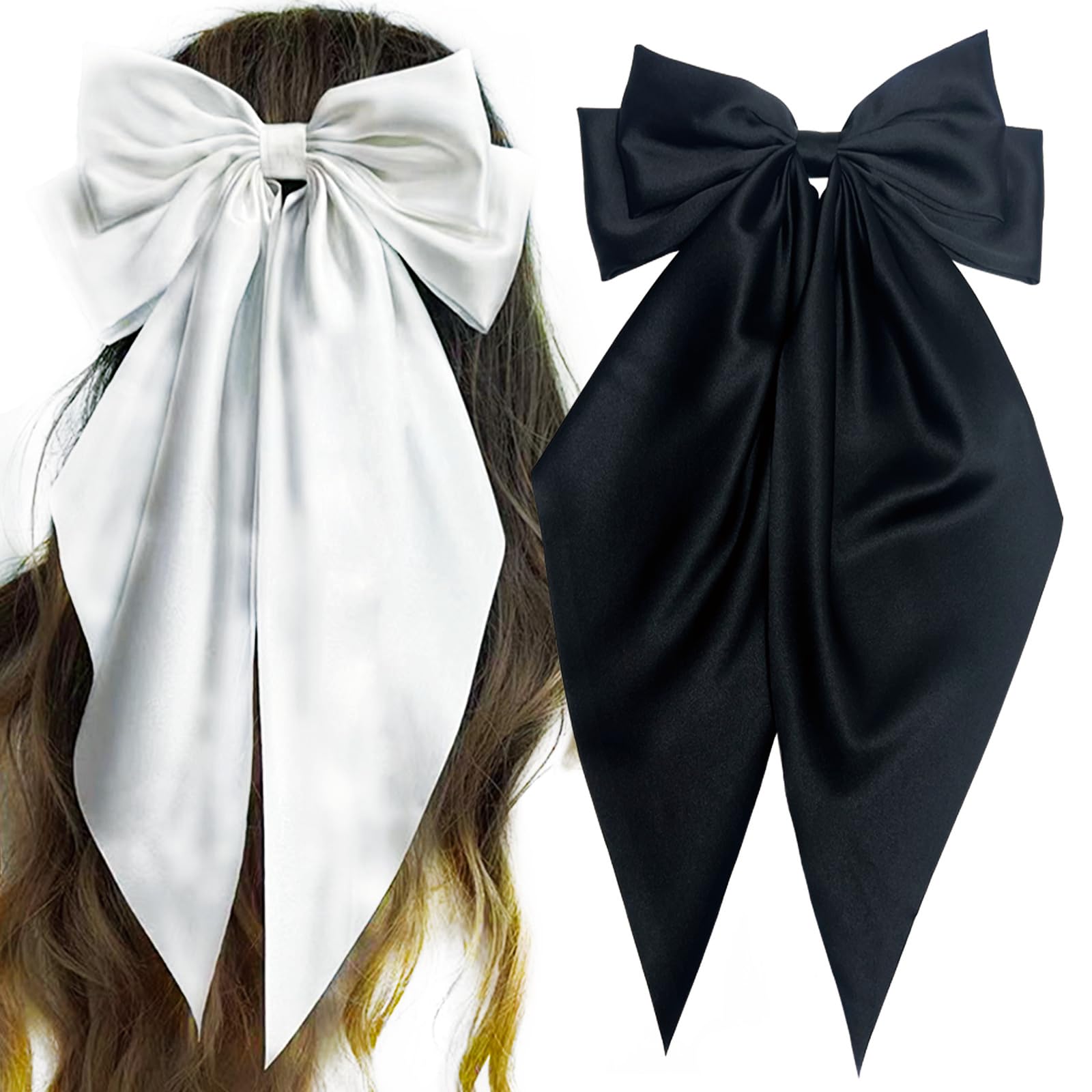 Elegant Oversized Hair Bows for Women - Large Hair Ribbon Bowknots with Metal Hair Clips | White & Black Hair Accessories | Perfect for Weddings, Parties & Everyday Style