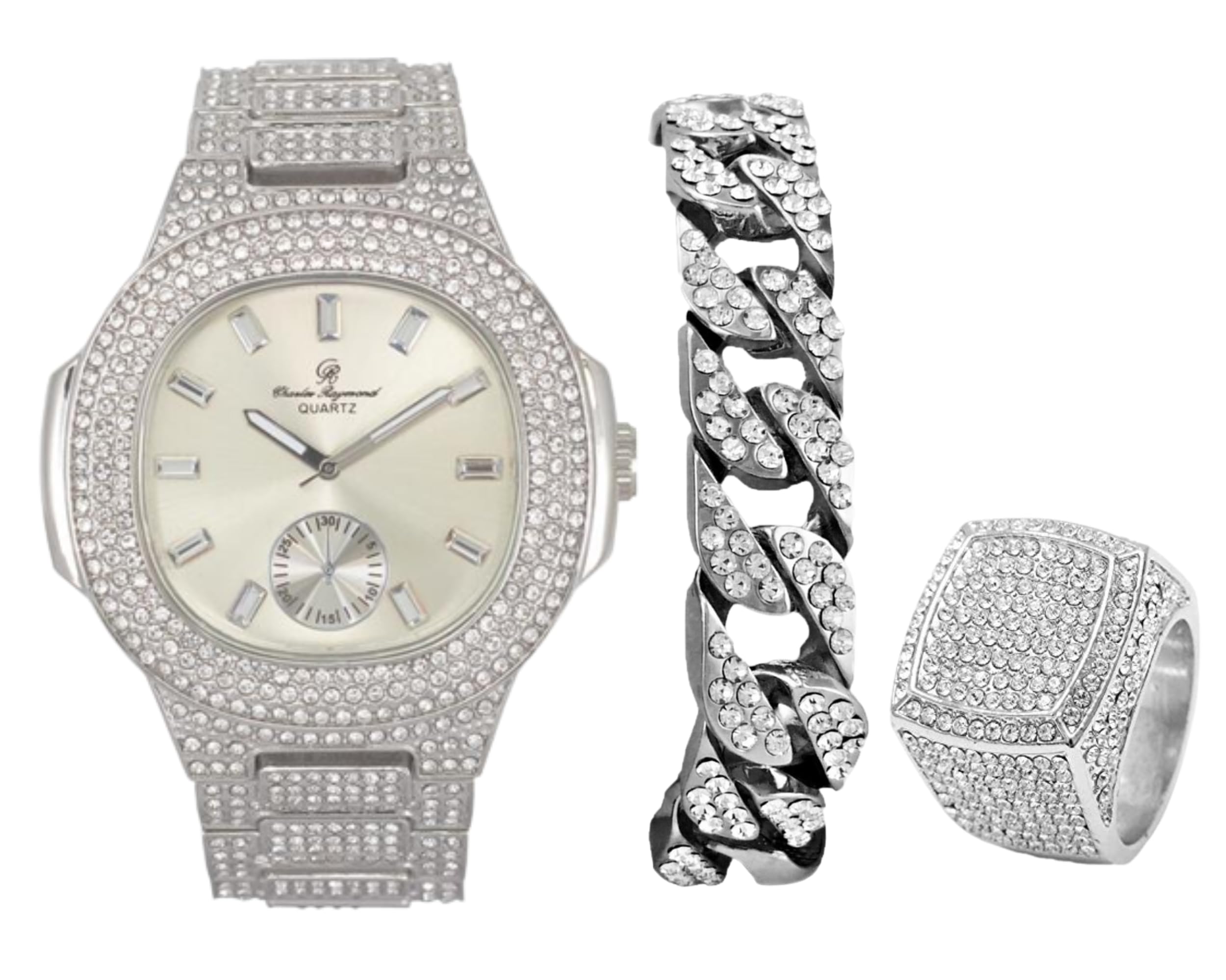 Charles Raymond Men's Luxury Watch Set - Bling Cuban Bracelet & King Ring - Stylish PP Look Watch for Men - Perfect for Parties, Gifts & Special Occasions - Model 8475 CR Cuban Set