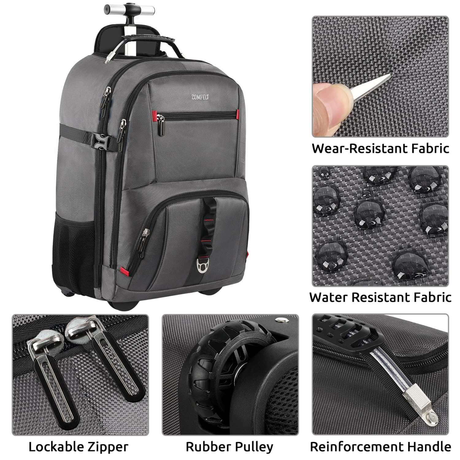 ZOMFELT 17.3 Inch Rolling Laptop Backpack for Men & Women - Wheeled Carry On Backpack with 3 Packing Cubes - Business Travel Backpack with Wheels for Work, Airplane, Commuting (Grey)