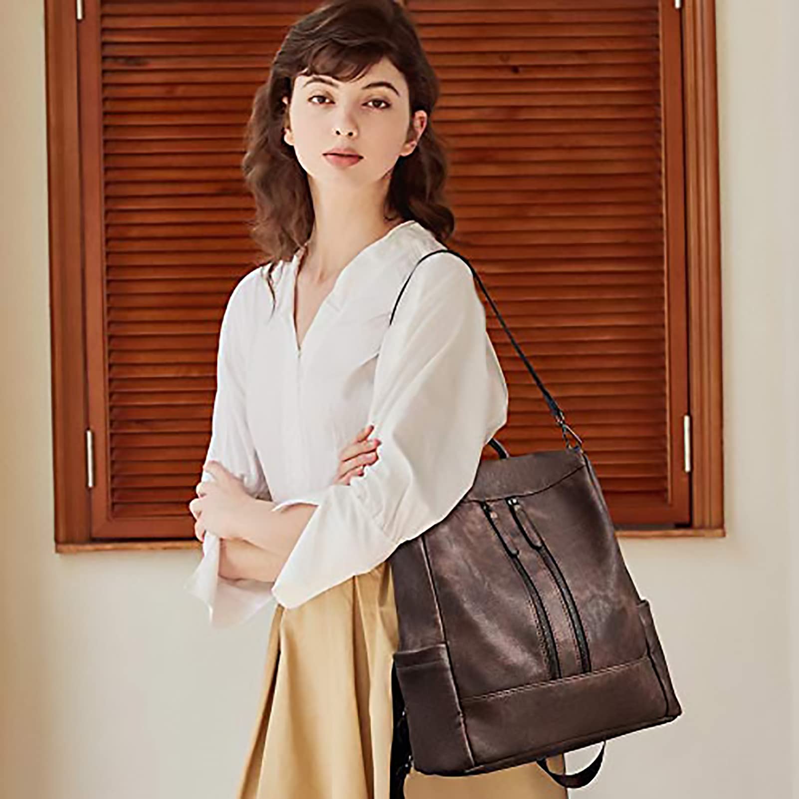 BROMEN Women's Leather Backpack Purse - Anti-Theft Bookbag with Shoulder Strap, Fashionable Handbag & Travel Backpack for Work, School & Daily Use