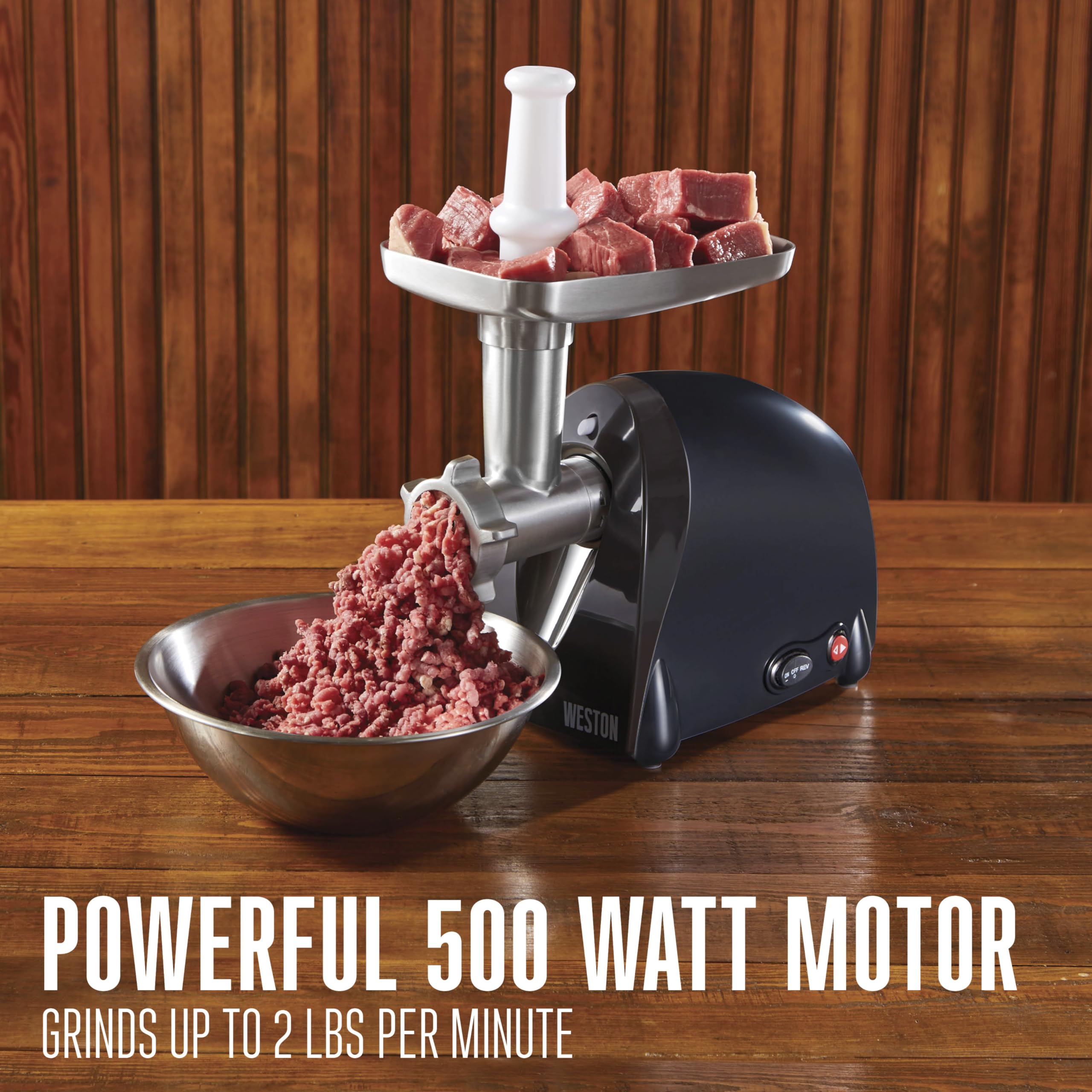 Weston Electric Meat Grinder & Sausage Stuffer - 500W (5/8 HP) Motor, 2 lbs/min Grinding Capacity, 3 Stainless Steel Plates - Perfect for Home Butchering, Sausage Making & Meal Prep (Model 82-0330-W, Black)